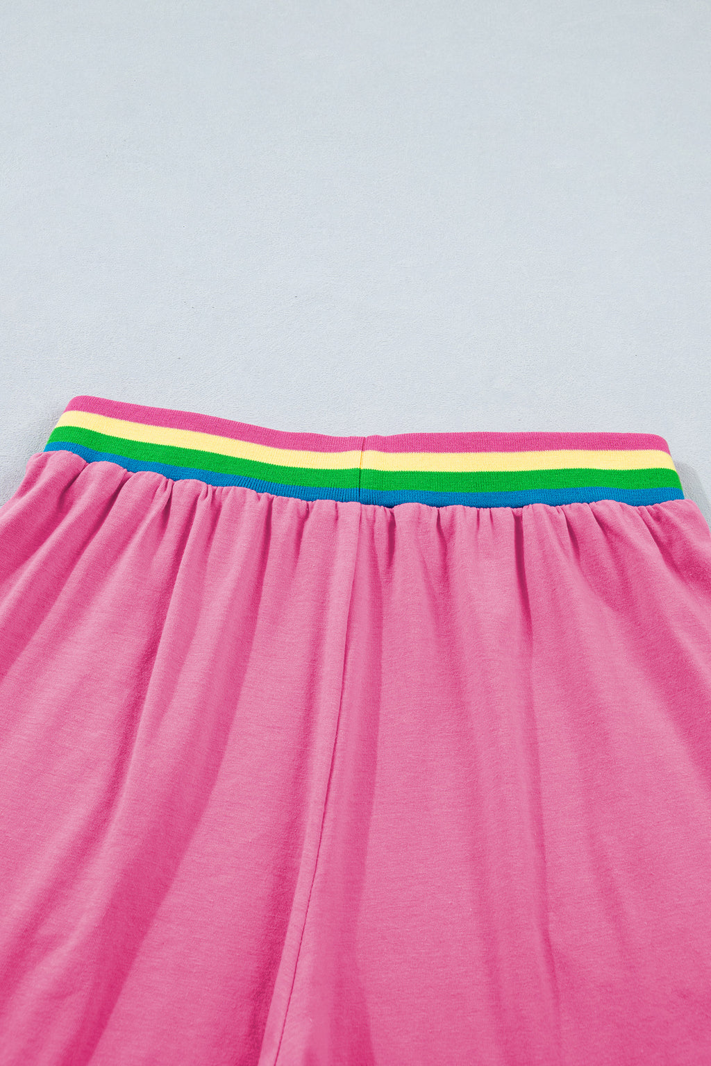 Bright Pink Seam Detail Raw Edge Tee & Rainbow Waistband Shorts Co-ord Set
