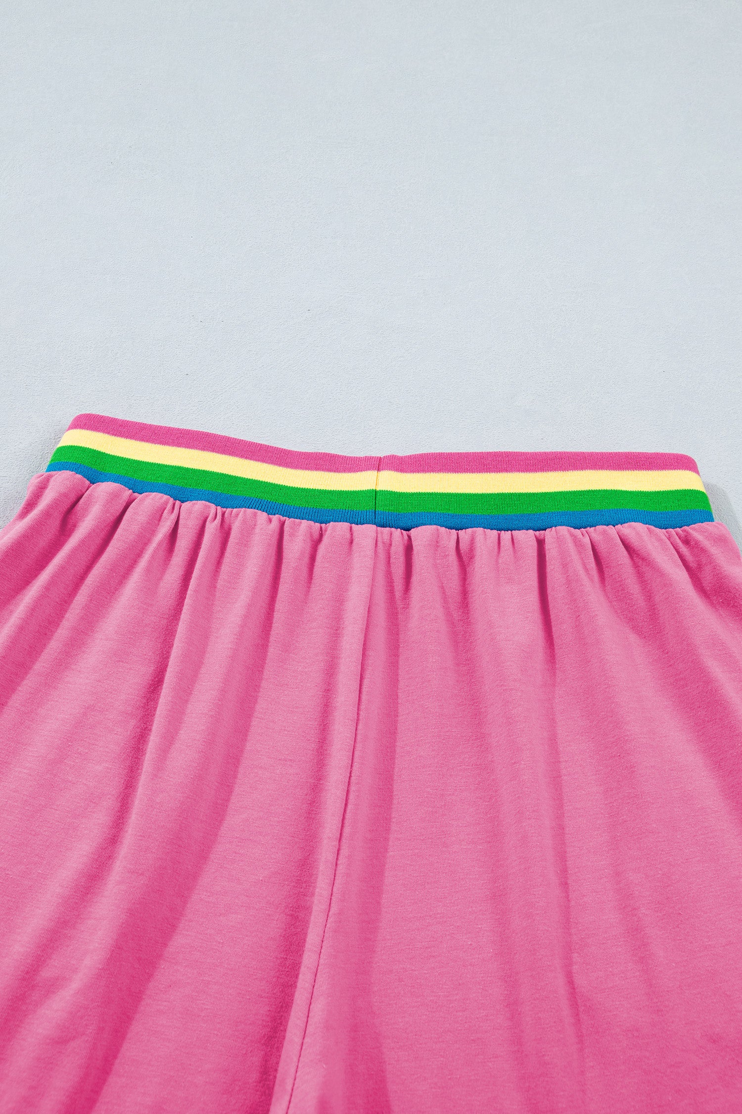 Bright Pink Seam Detail Raw Edge Tee & Rainbow Waistband Shorts Co-ord Set