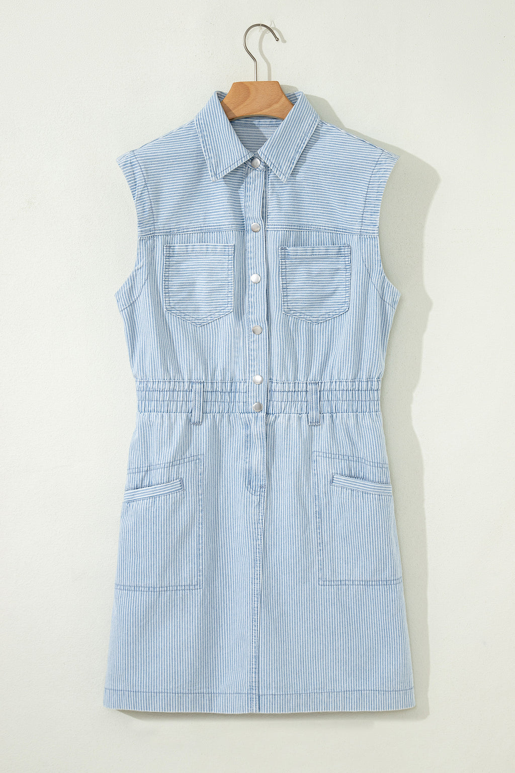 Women's Sky Blue Stripe Denim Mini Dress Collared Button Front Sleeveless S-XL at LivelyLooks