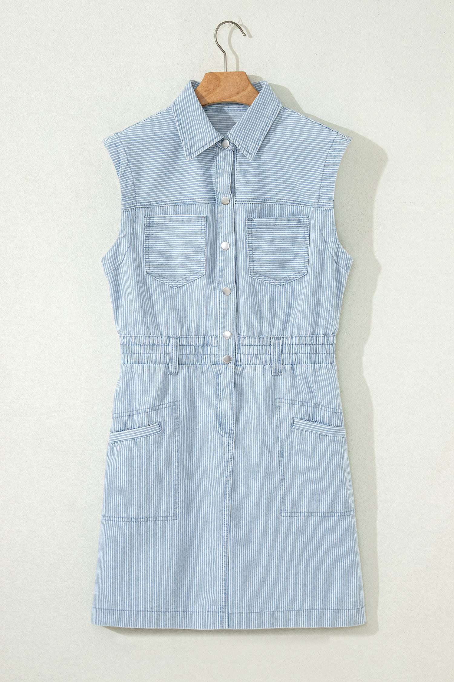 Women's Sky Blue Stripe Denim Mini Dress Collared Button Front Sleeveless S-XL at LivelyLooks
