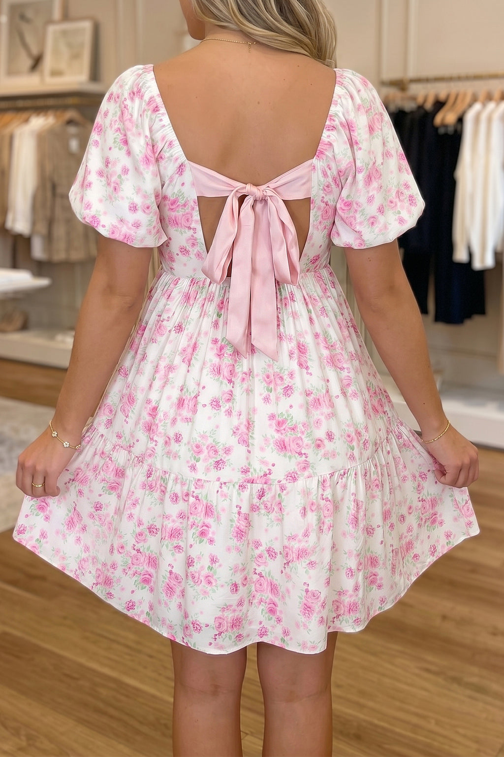 Pink Floral Mini Dress Square Neck Ribbon Knot Back Puff Sleeve Women S-XL