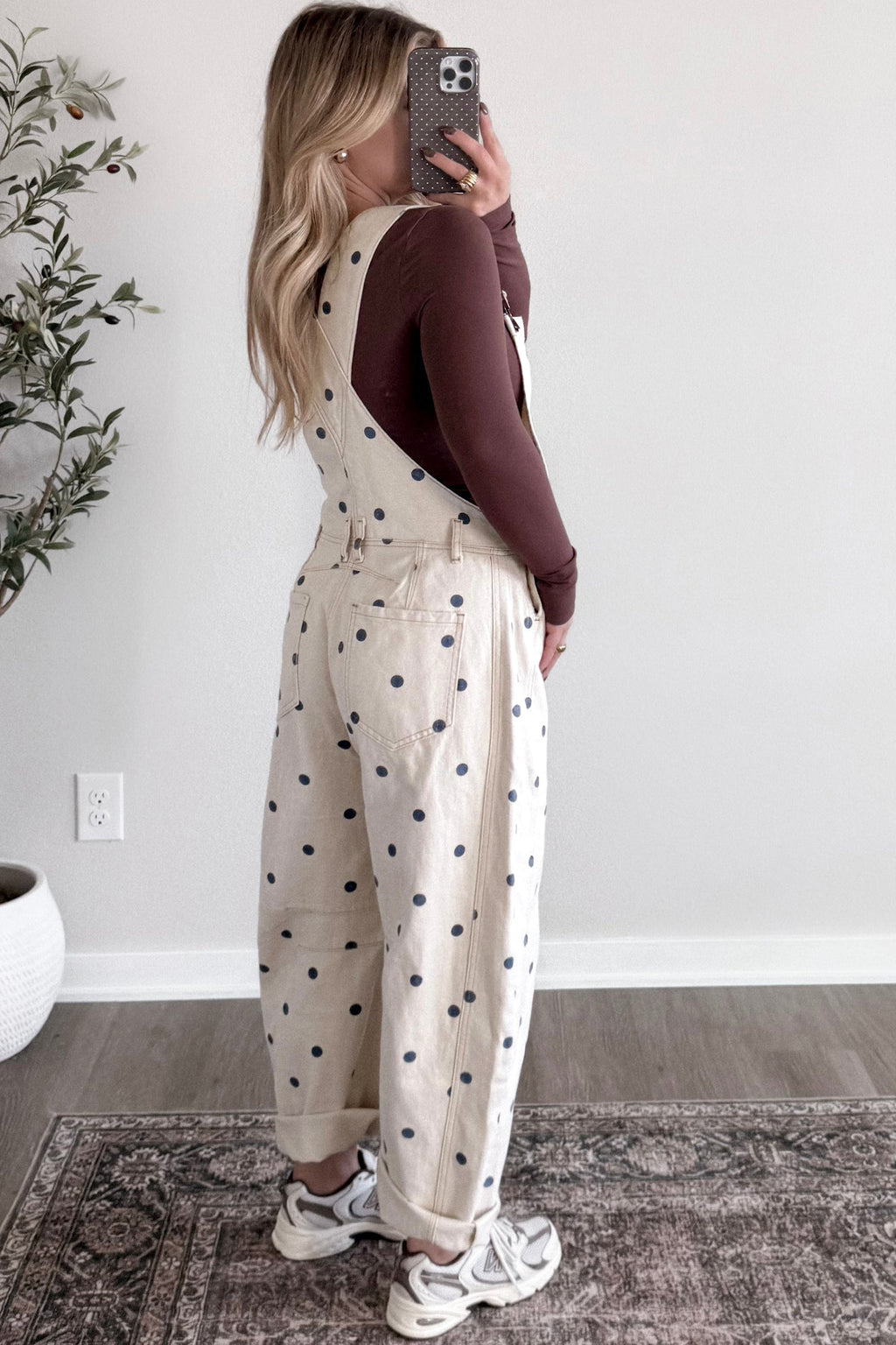 Polka Dot Denim Barrel Overalls Jumpsuit | Cream Beige Pink UK 8–22