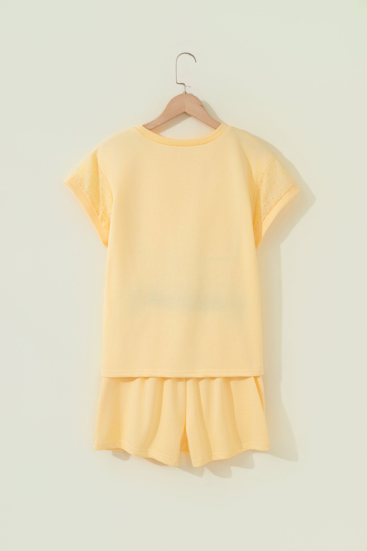 Yellow Eyelet Lace Patchwork Sleeve Top & Drawstring Shorts Set | UK 8–18