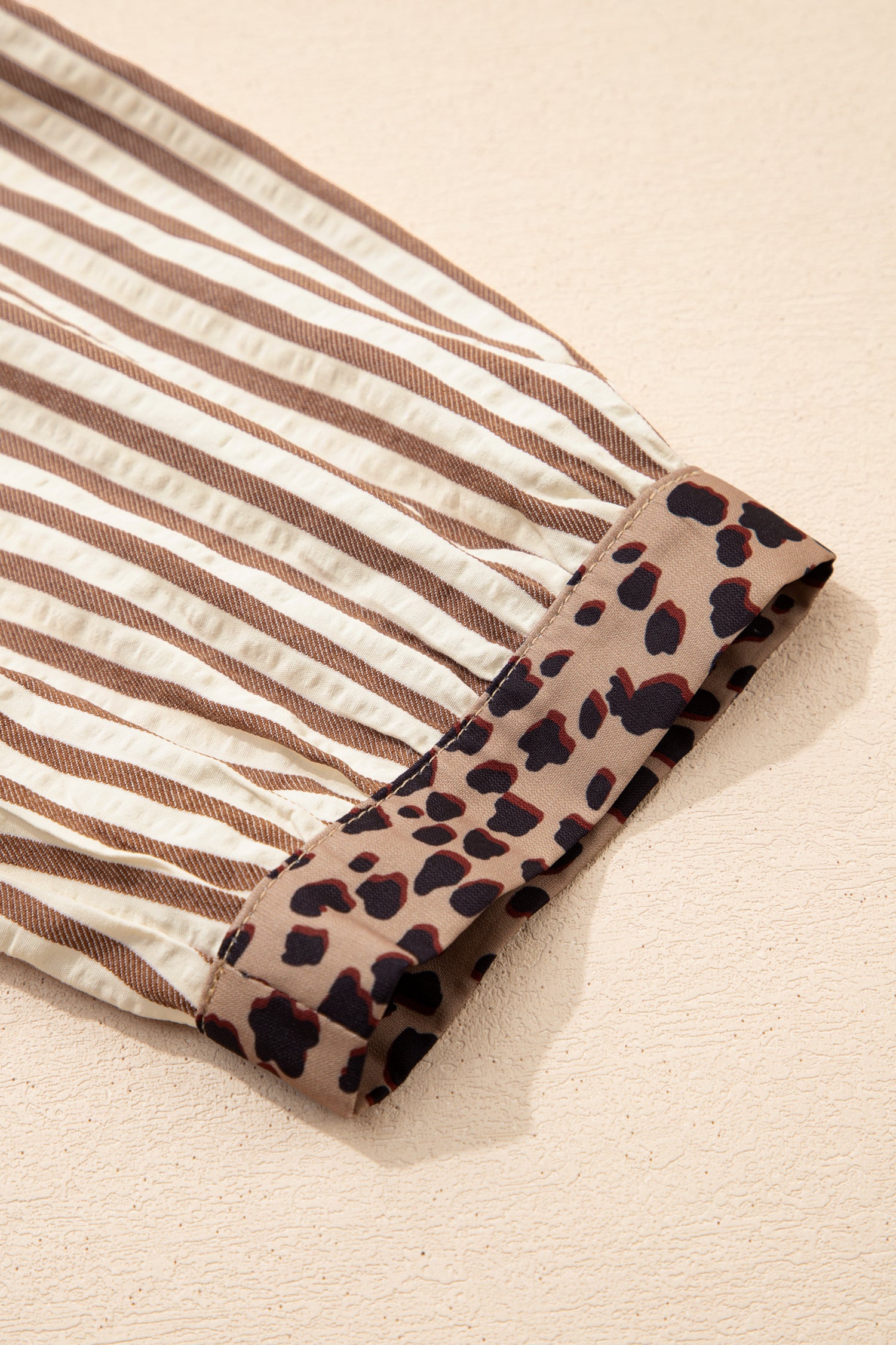 Women's Khaki Stripe Leopard Trim Button-Down Bracelet Sleeve Shirt Dress at LivelyLooks