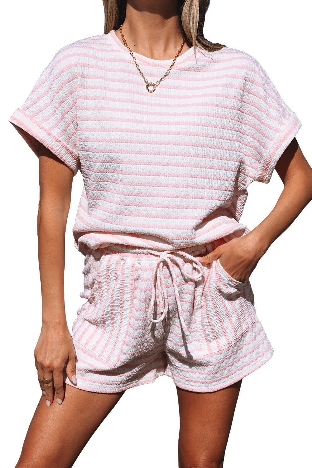 Shop Stripe Knitted Short Sleeve Top & Drawstring Shorts Co-ord S-3XL at LivelyLooks