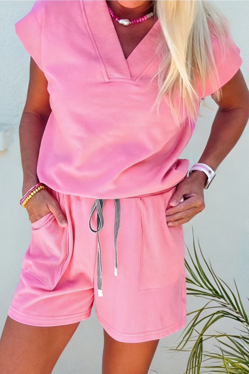 LivelyLooks Women's V-Neck Short Sleeve Top & Drawstring Shorts Set Pink Green S-XL women's fashion