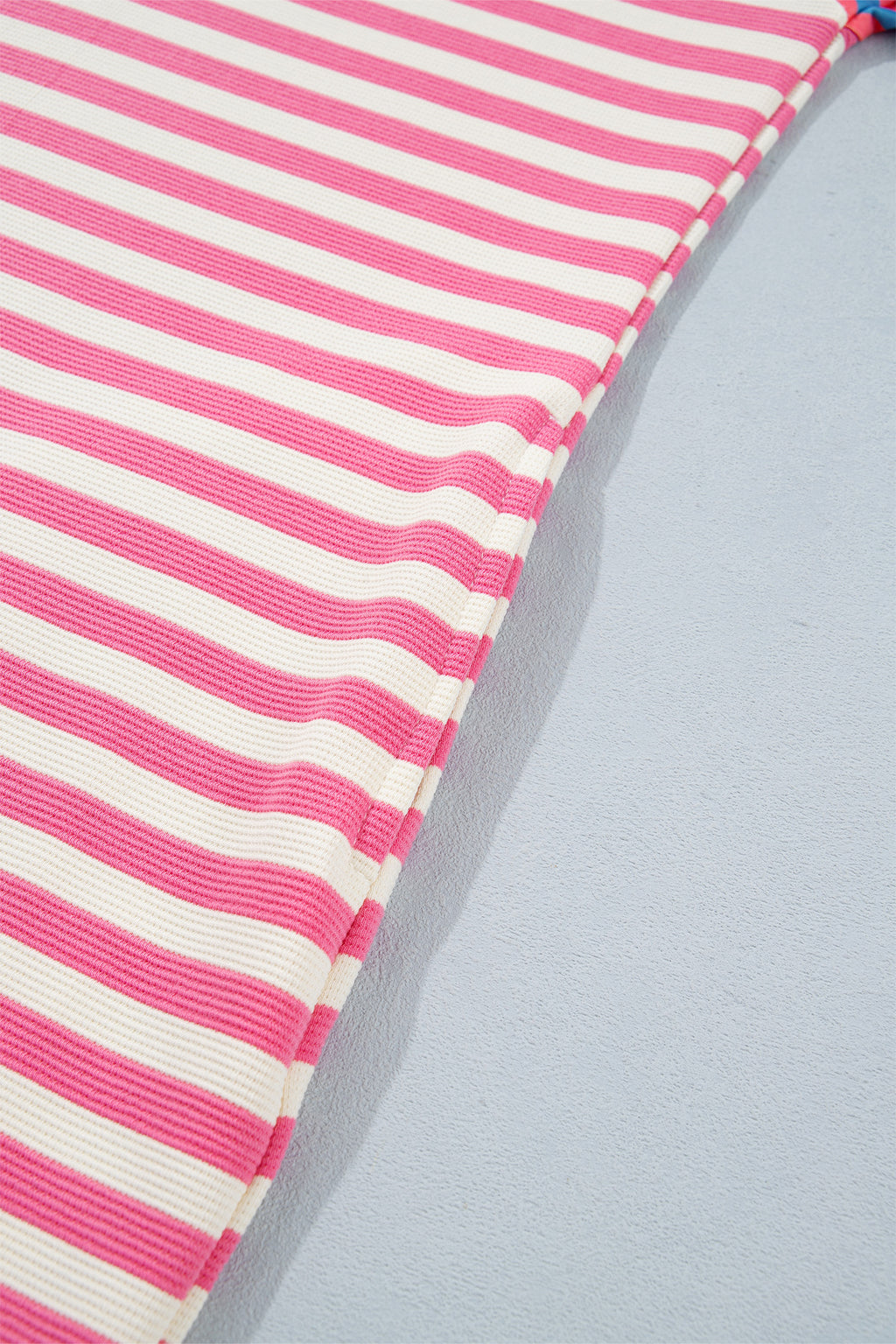 Women's Pink Stripe Patchwork Short Sleeve T-Shirt Shift Dress S-XL