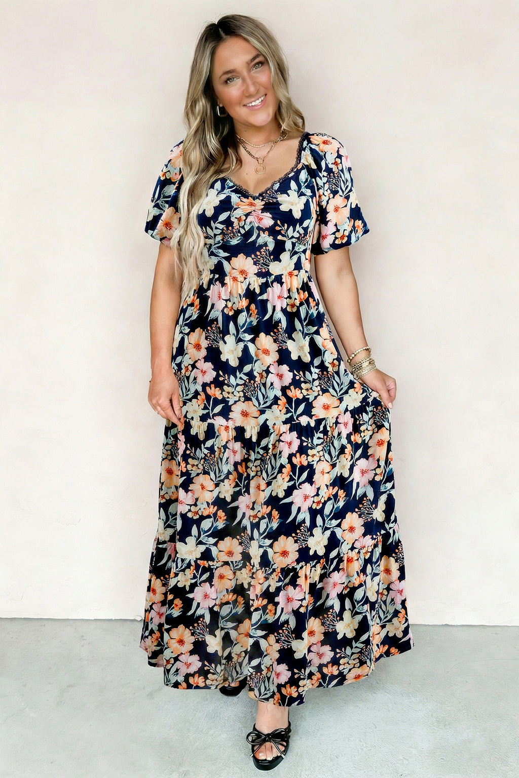 Women's Blue Floral Smocked High Waist Short Sleeve Maxi Dress at LivelyLooks