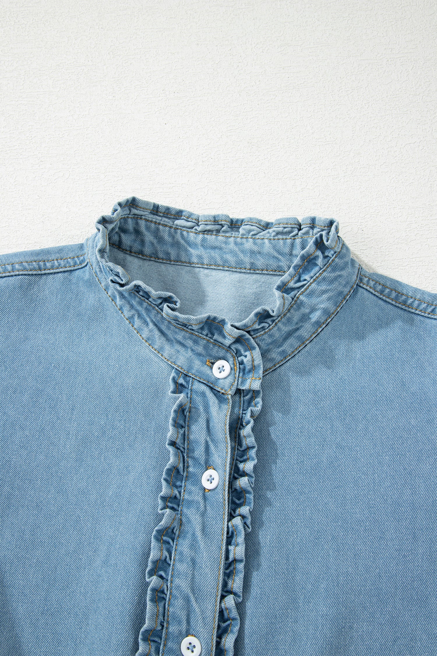 Red Sandalwood & Blue Frilled Button Down Ruffle Sleeve Denim Mini Dress S-XL