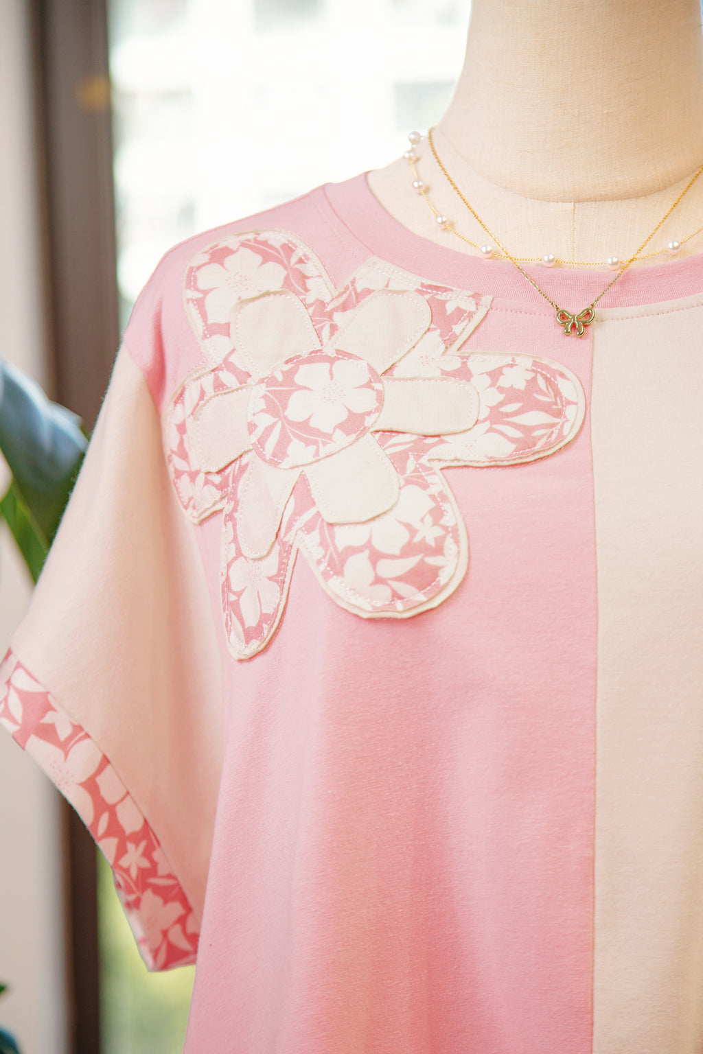 Beige Colour Block Flower Patch Loose T-Shirt | Casual Top