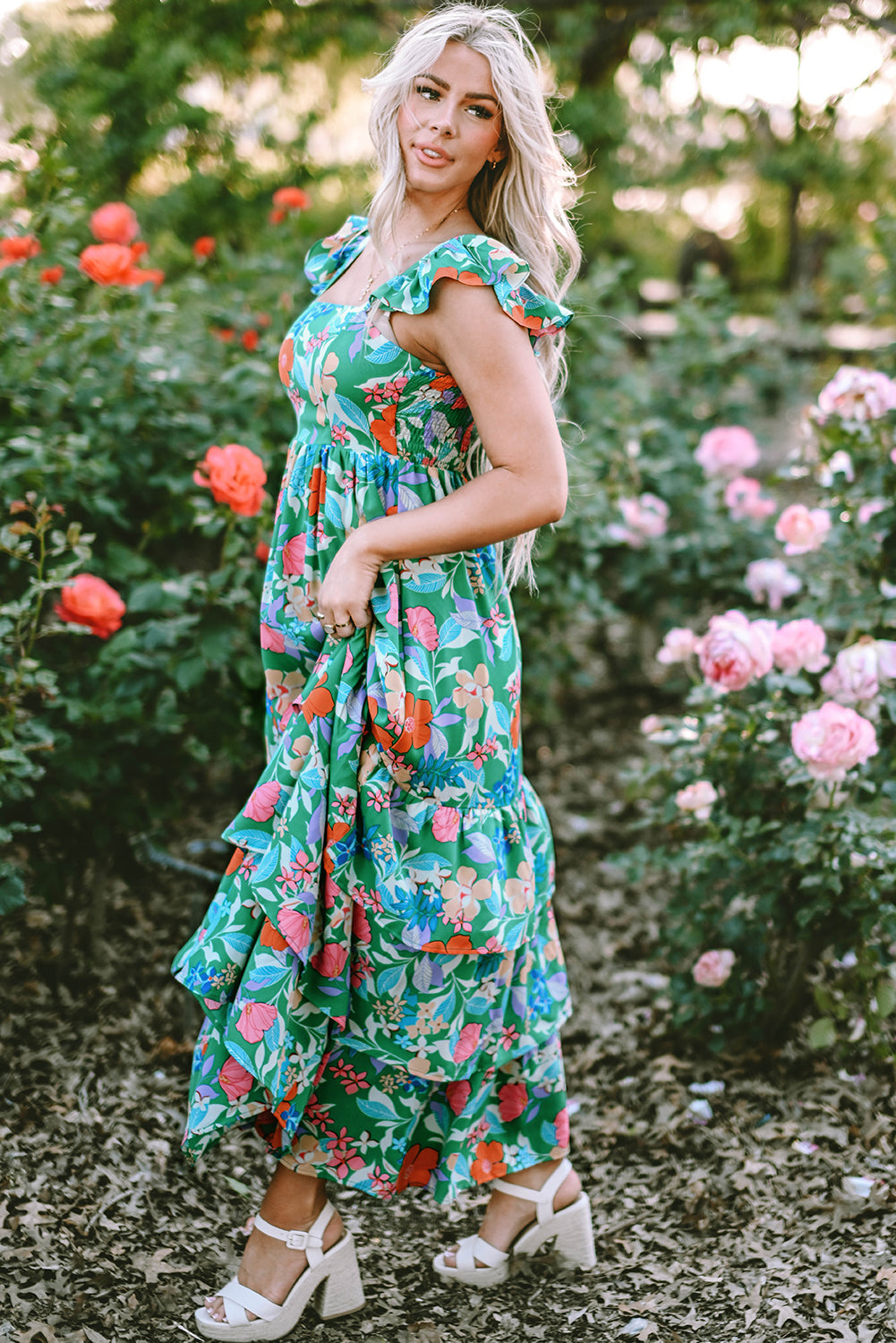 Women's Green Floral Print Sleeveless Ruffle Tiered Maxi Dress at LivelyLooks