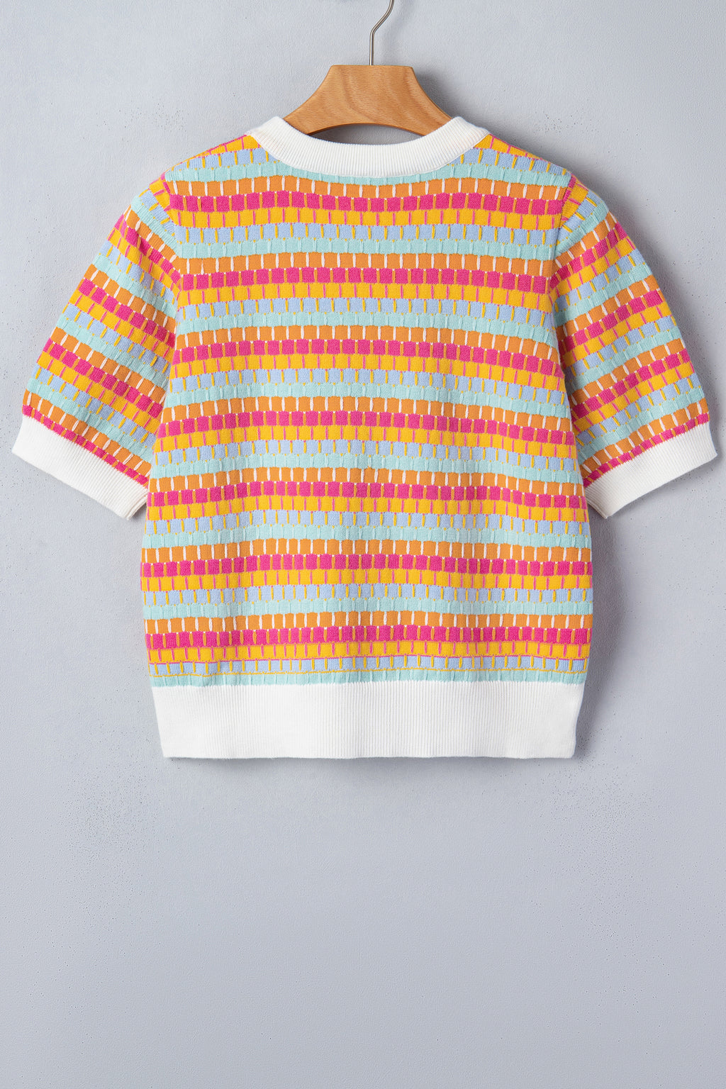 Women's Rose Red Abstract Stripe Knit Short Sleeve Sweater at LivelyLooks