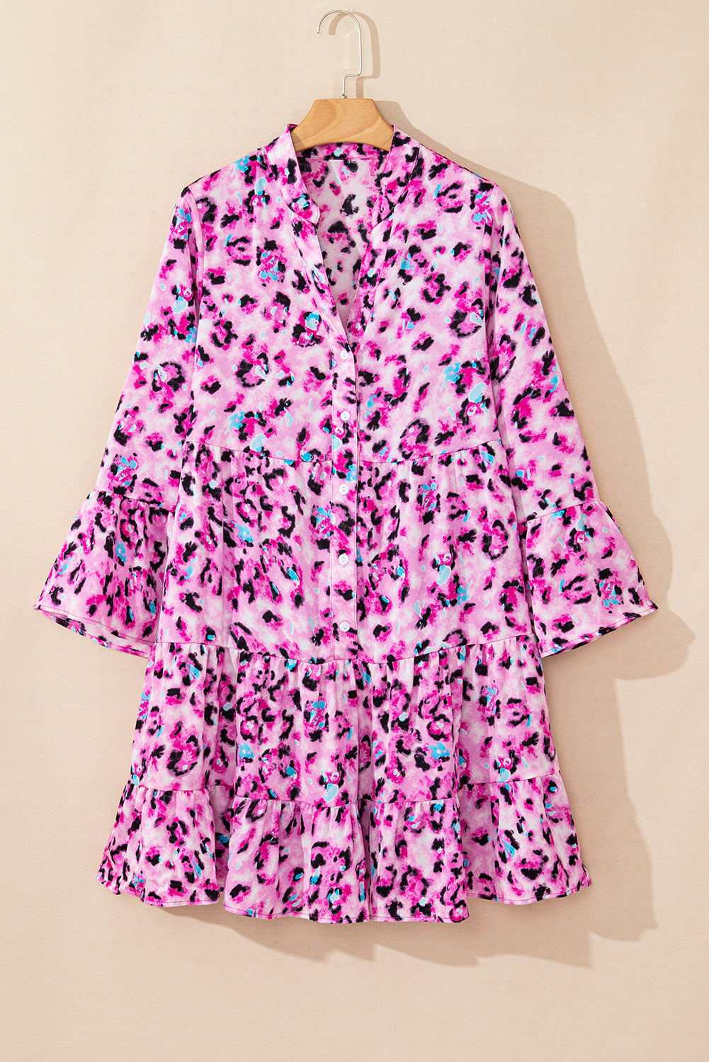 Women's Rose Leopard Print Buttoned Front 3/4 Sleeve Tiered Ruffle Hem Dress at LivelyLooks