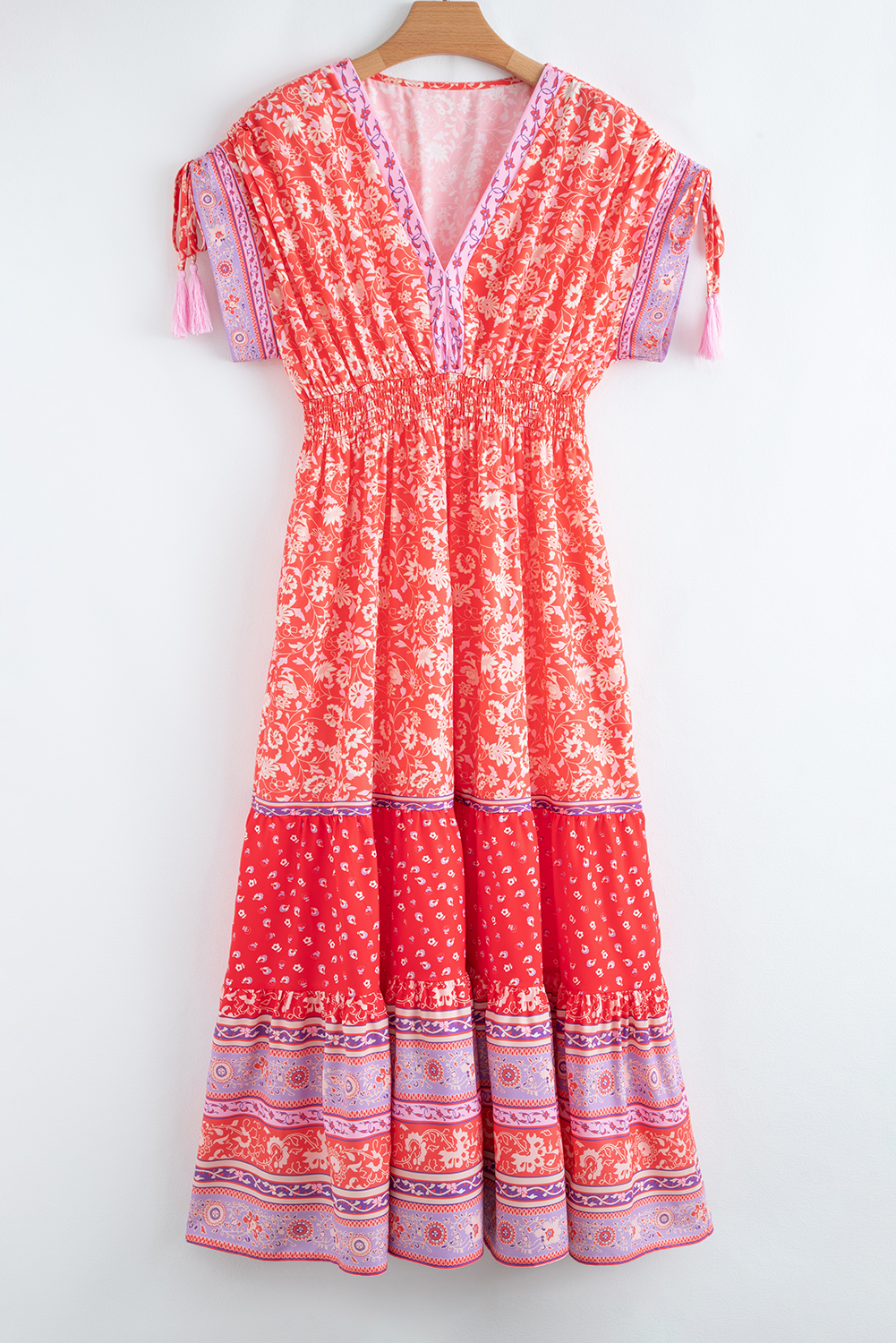 Shop Floral Print Tassel Tied Sleeve Empire Waist Boho Maxi Dress | S-XL at LivelyLooks