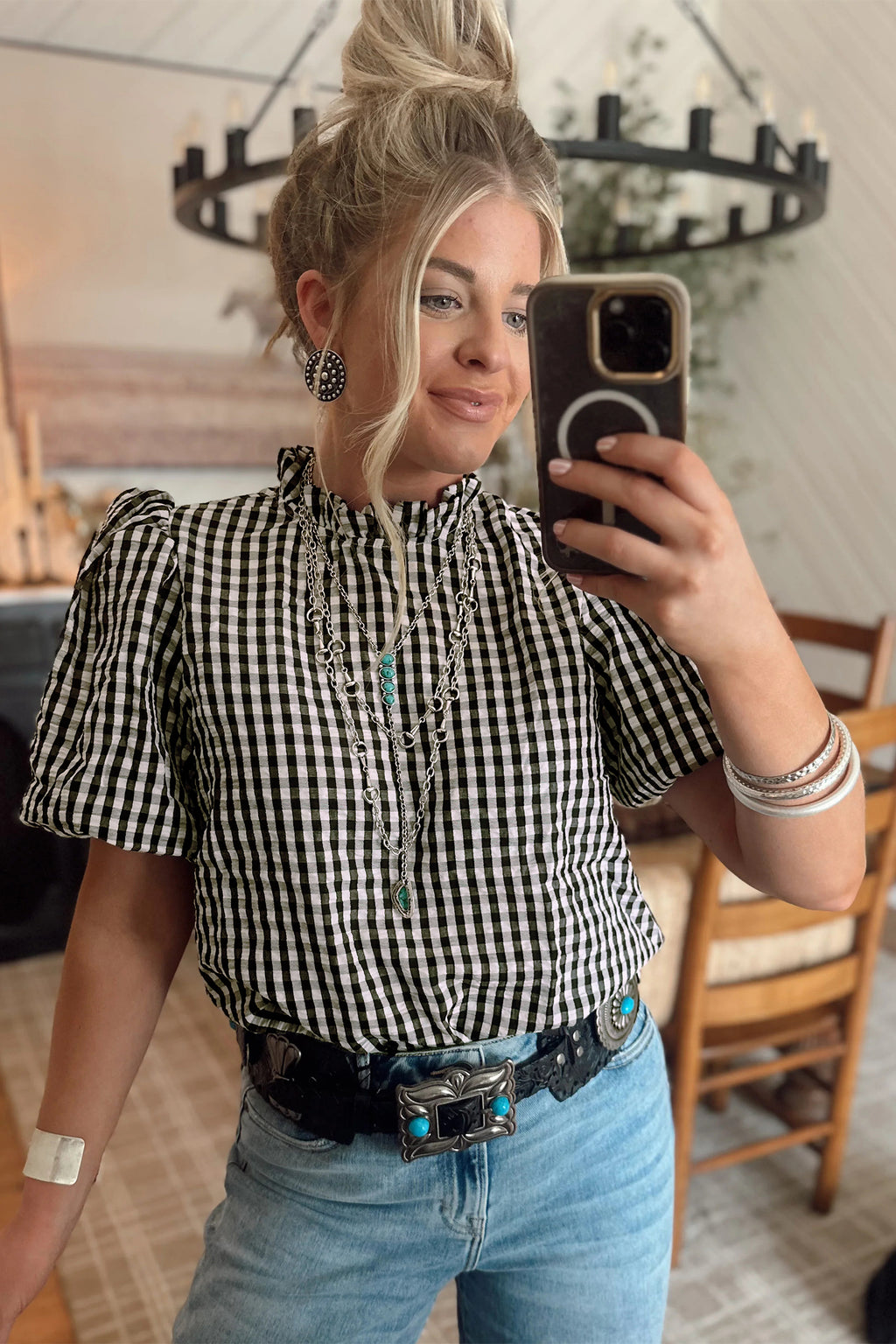 Black Plaid Puff Sleeve Frilled Neck Blouse S-XL