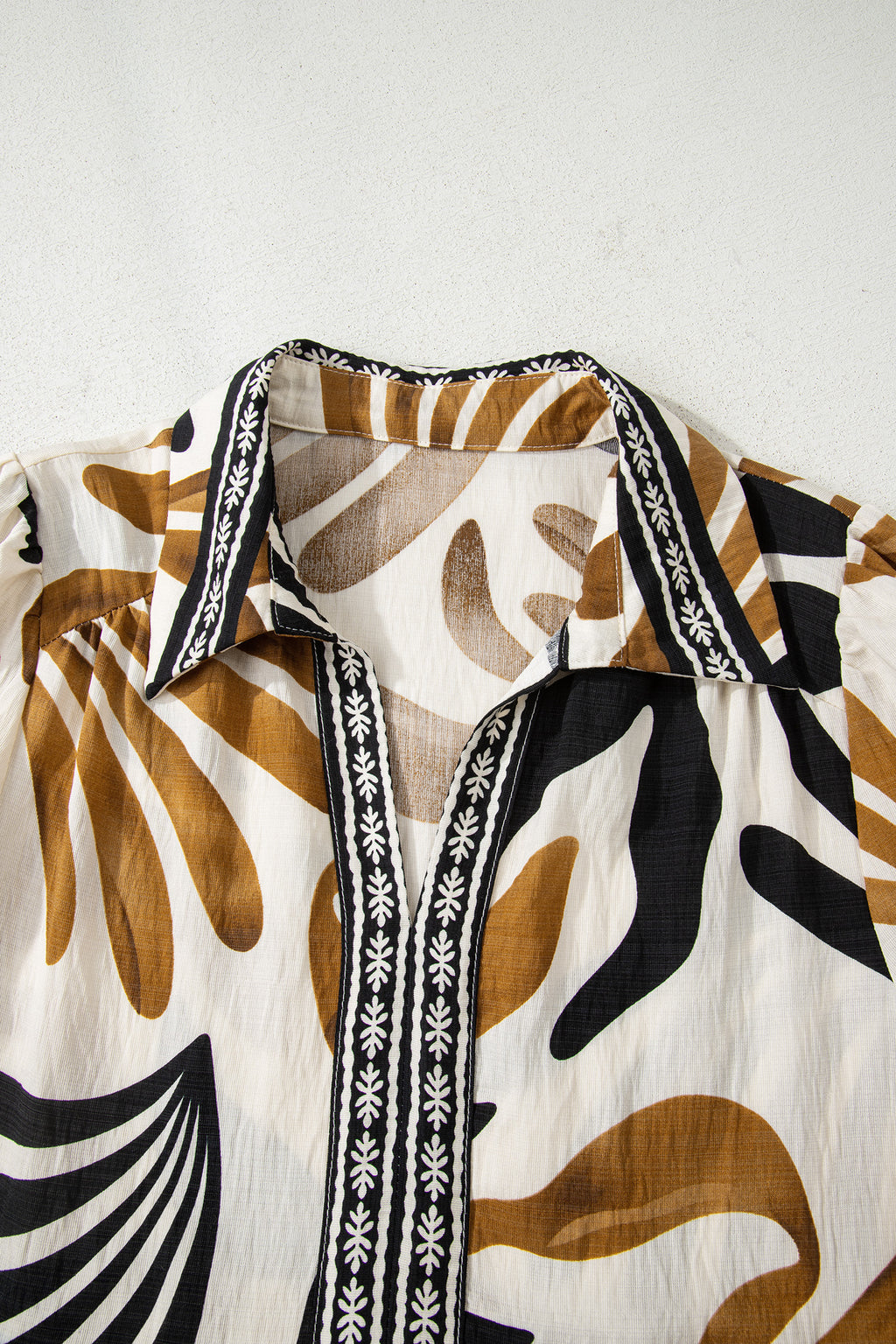 Women's Brown Tropical Printed Contrast Trim Neck Long Sleeve Ruffle Hem Dress at LivelyLooks