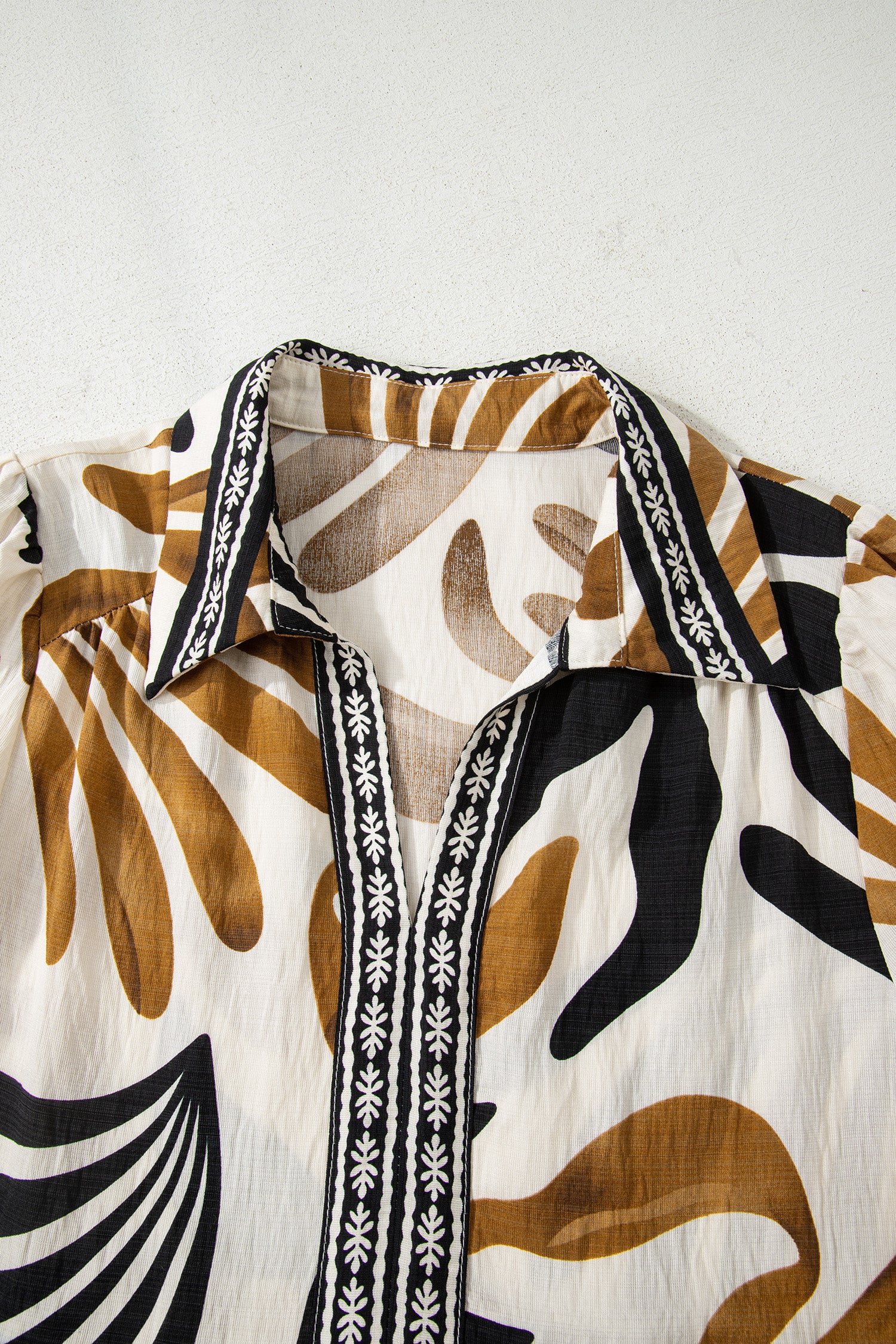 Women's Brown Tropical Printed Contrast Trim Neck Long Sleeve Ruffle Hem Dress at LivelyLooks