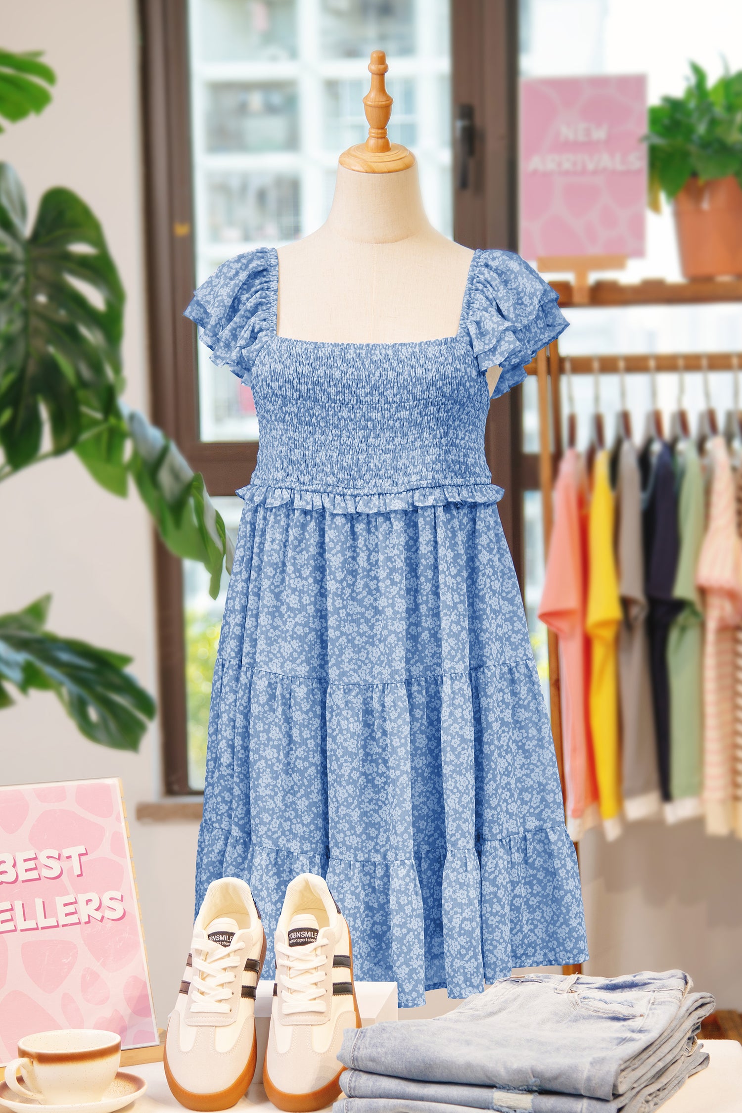 Sky Blue Floral Smocked Tiered Mini Dress Square Neck Flutter Sleeve