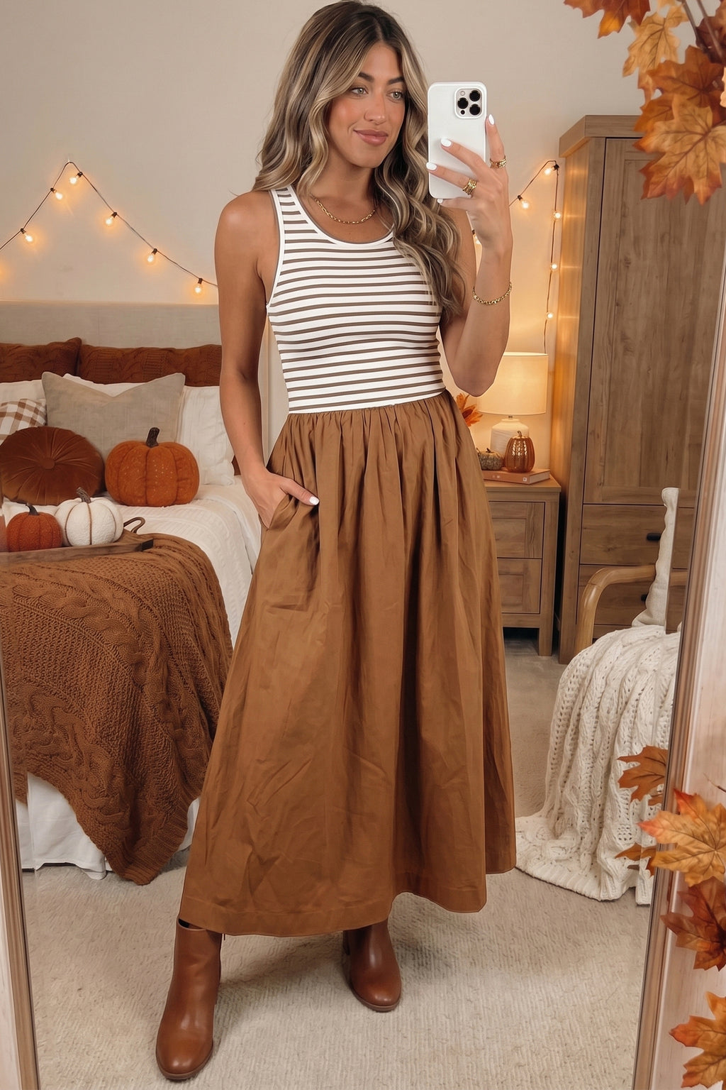 Chestnut Striped Colourblock Patchwork Sleeveless Casual Long Dress | UK 8–16