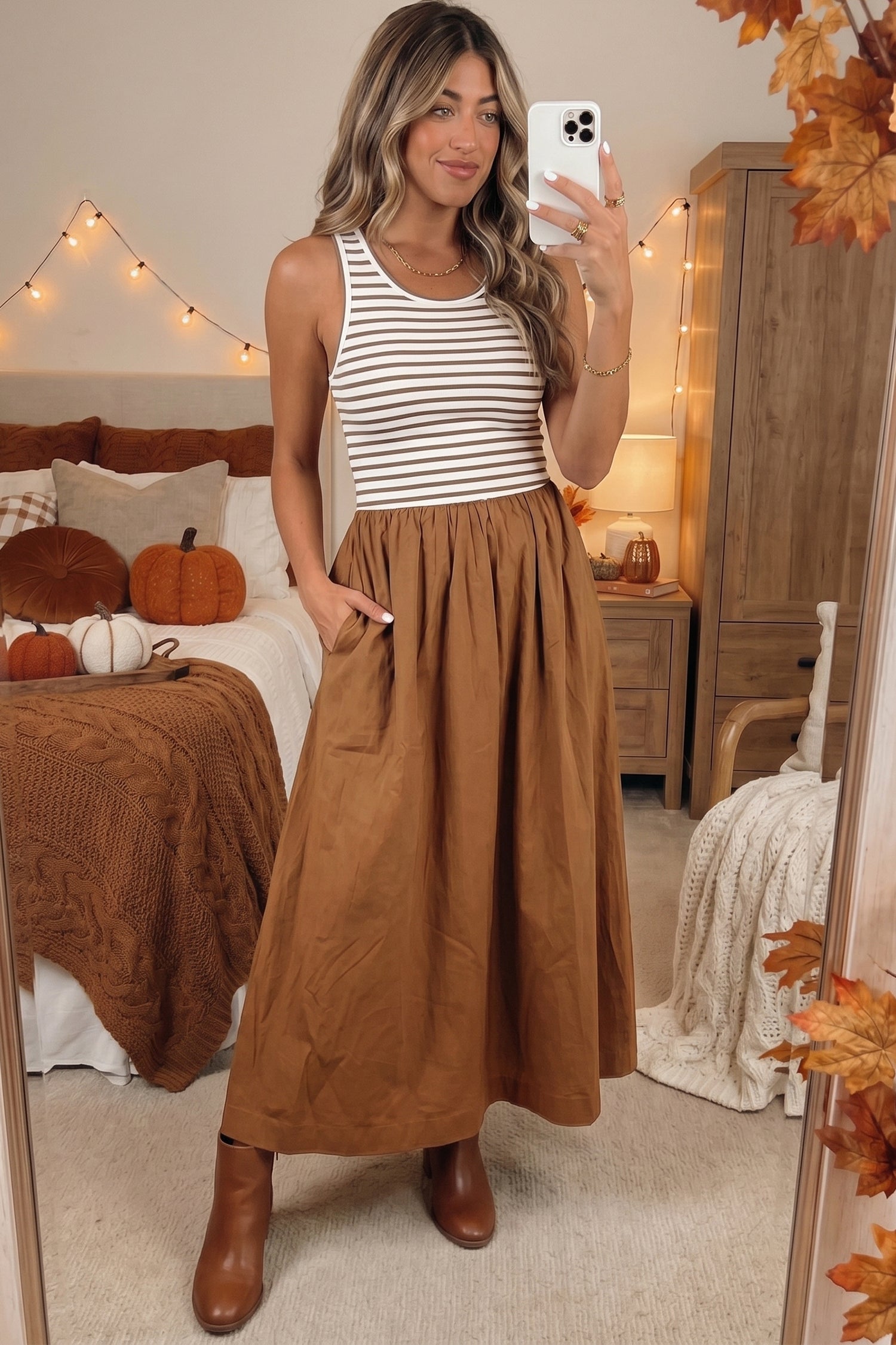 Chestnut Striped Colourblock Patchwork Sleeveless Casual Long Dress | UK 8–16