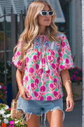 Shop Pink Floral Print Short Sleeve Contrast Patchwork Tassel Tie Blouse at LivelyLooks