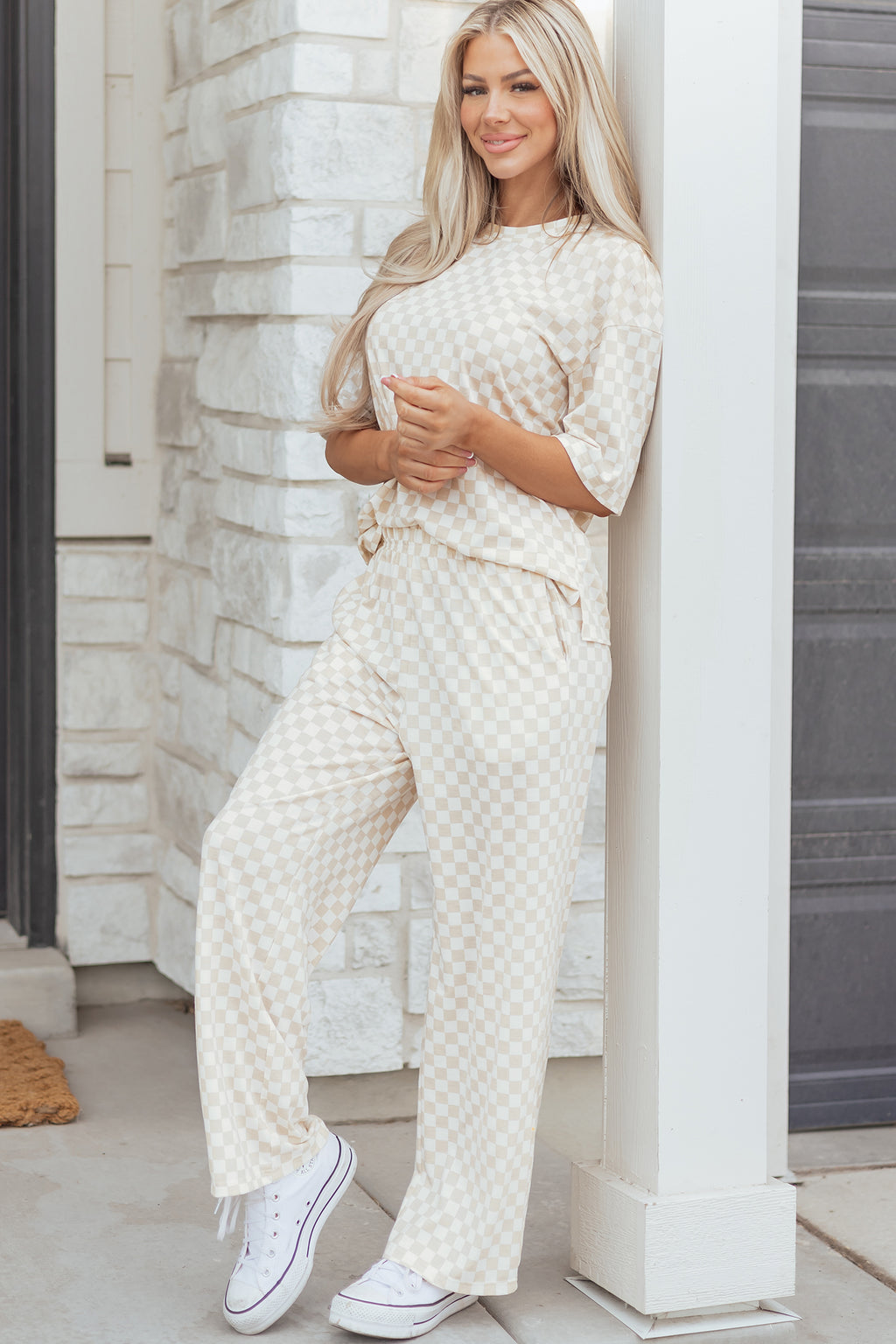 Shop Khaki Checkered Print Half Sleeve Tee & Wide Leg Lounge Pant Set | UK 8-22 at LivelyLooks