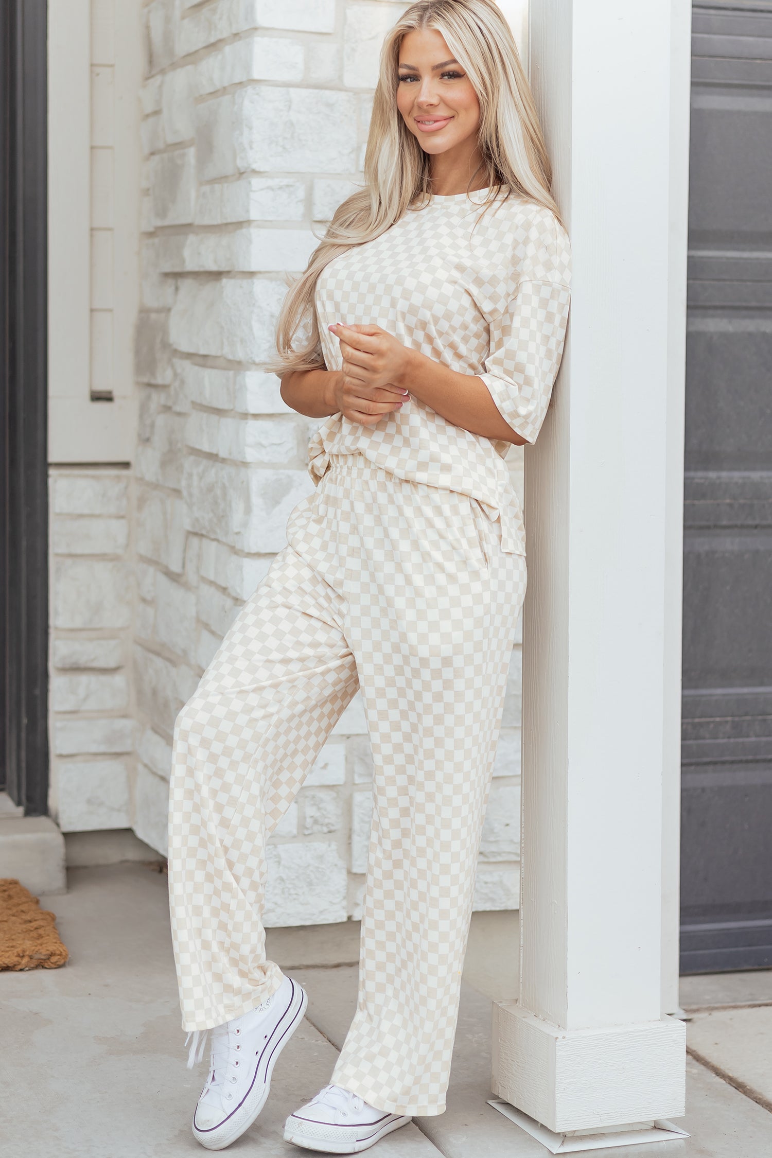 Shop Khaki Checkered Print Half Sleeve Tee & Wide Leg Lounge Pant Set | UK 8-22 at LivelyLooks