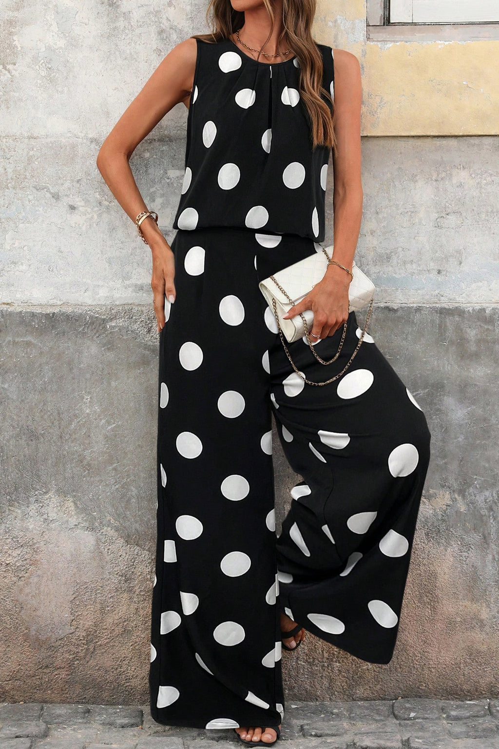 Black Polka Dot Pleated Tank & Wide Leg Trousers Two-Piece Outfit