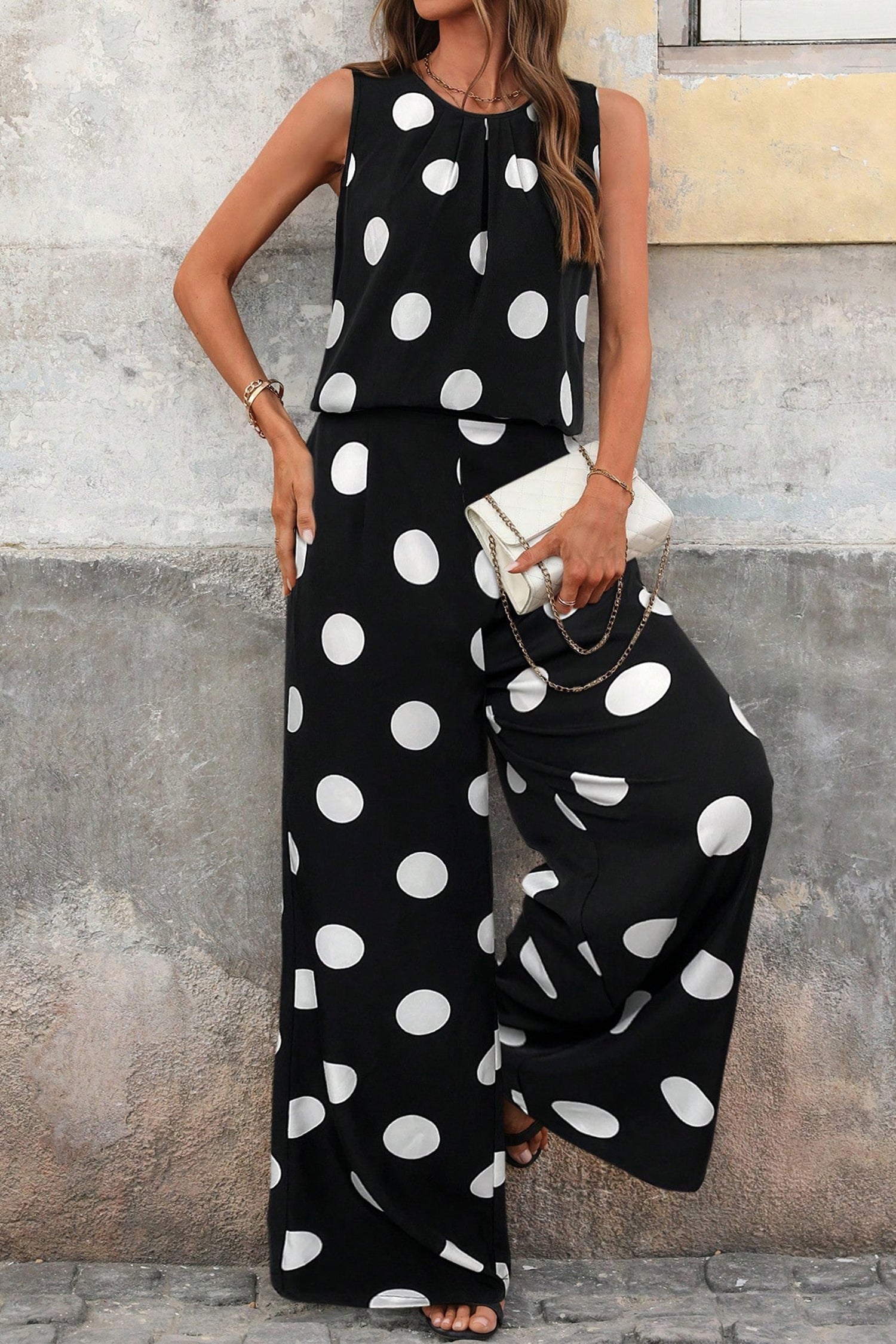 Black Polka Dot Pleated Tank & Wide Leg Trousers Two-Piece Outfit
