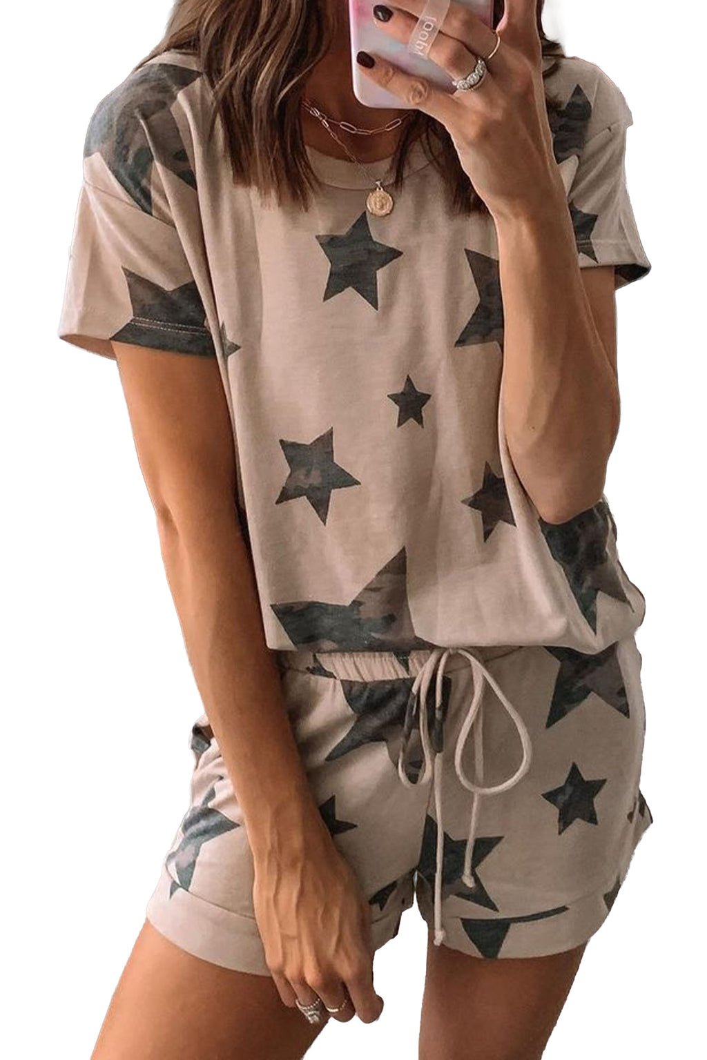 Women's Khaki Camo Star Print Short Sleeve Lounge Set S-XL