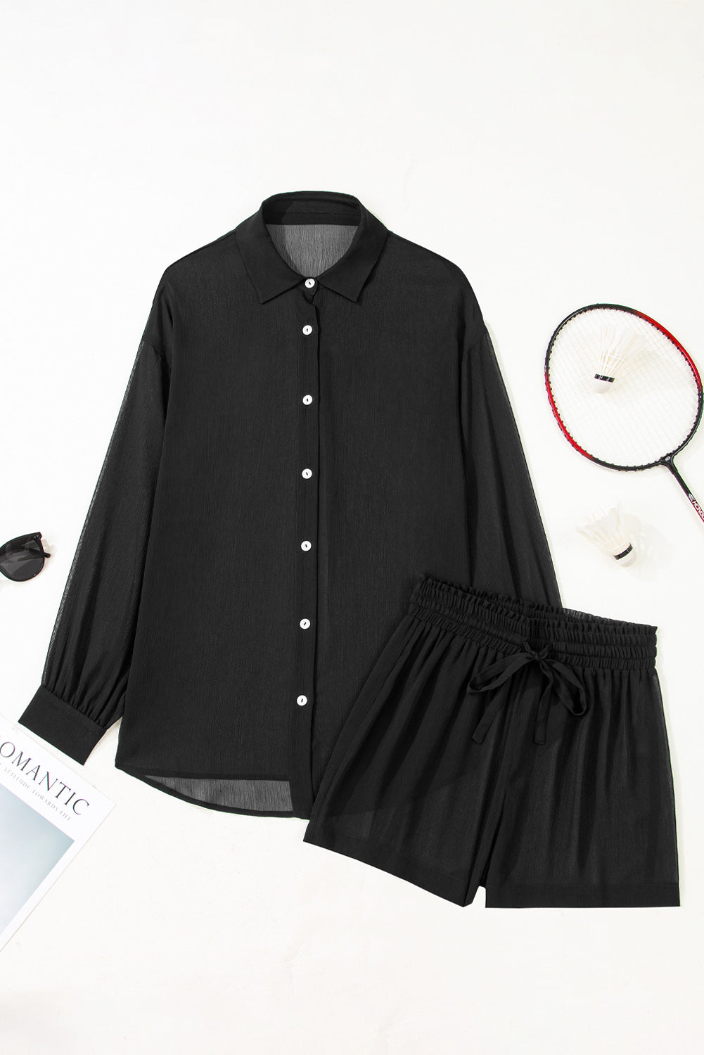 Women's Women Sheer Tunic Shirt Drawstring Shorts 2 Piece Swim Cover Up Set Blue Black S-XL at LivelyLooks