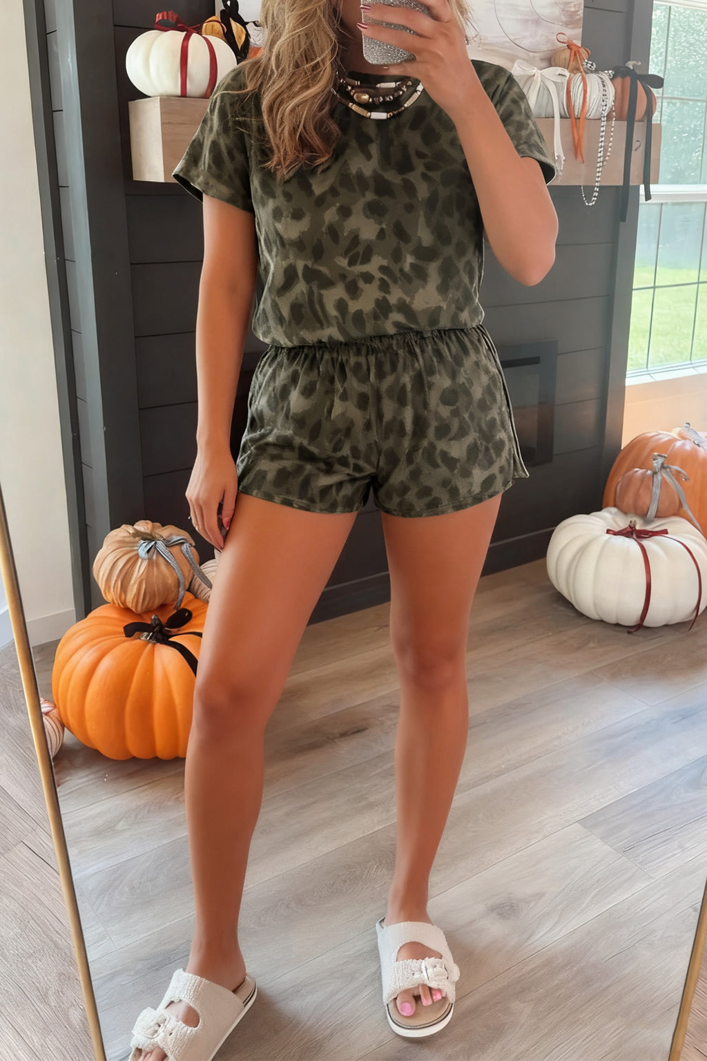 LivelyLooks Brown Leopard Print Crew Neck Tee & Shorts Set Women's S-XL women's fashion