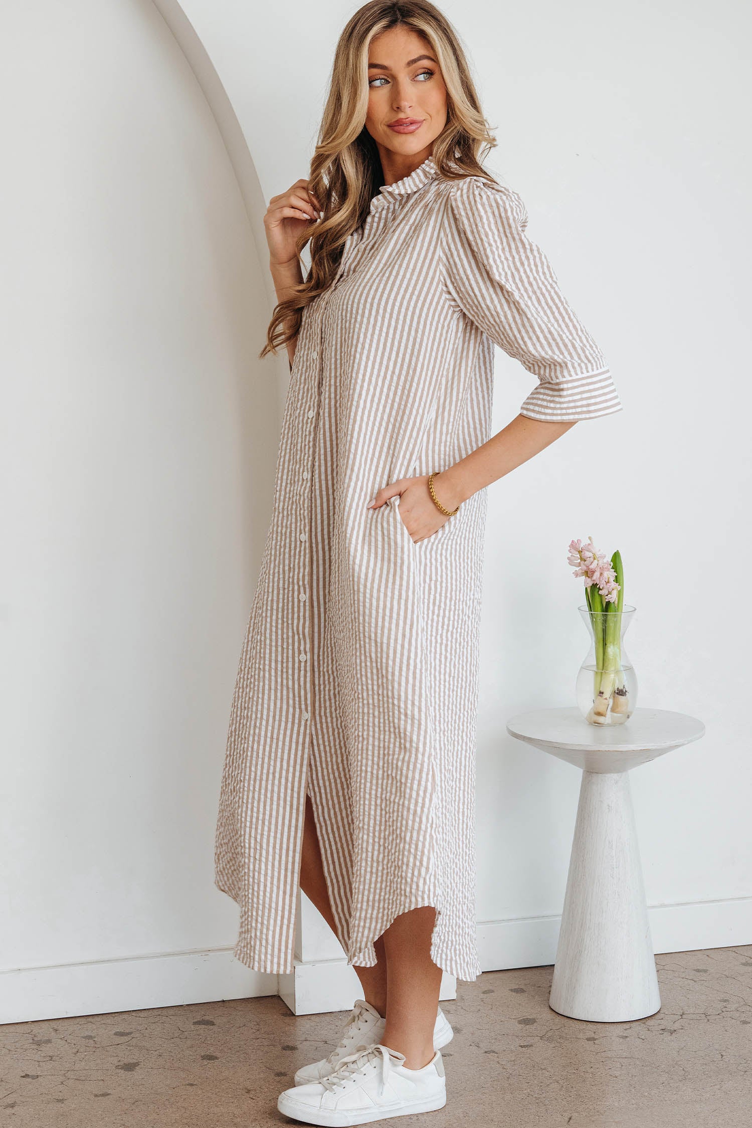 Khaki Stripe Frilled Collar Shirt Maxi Dress | Half Sleeve