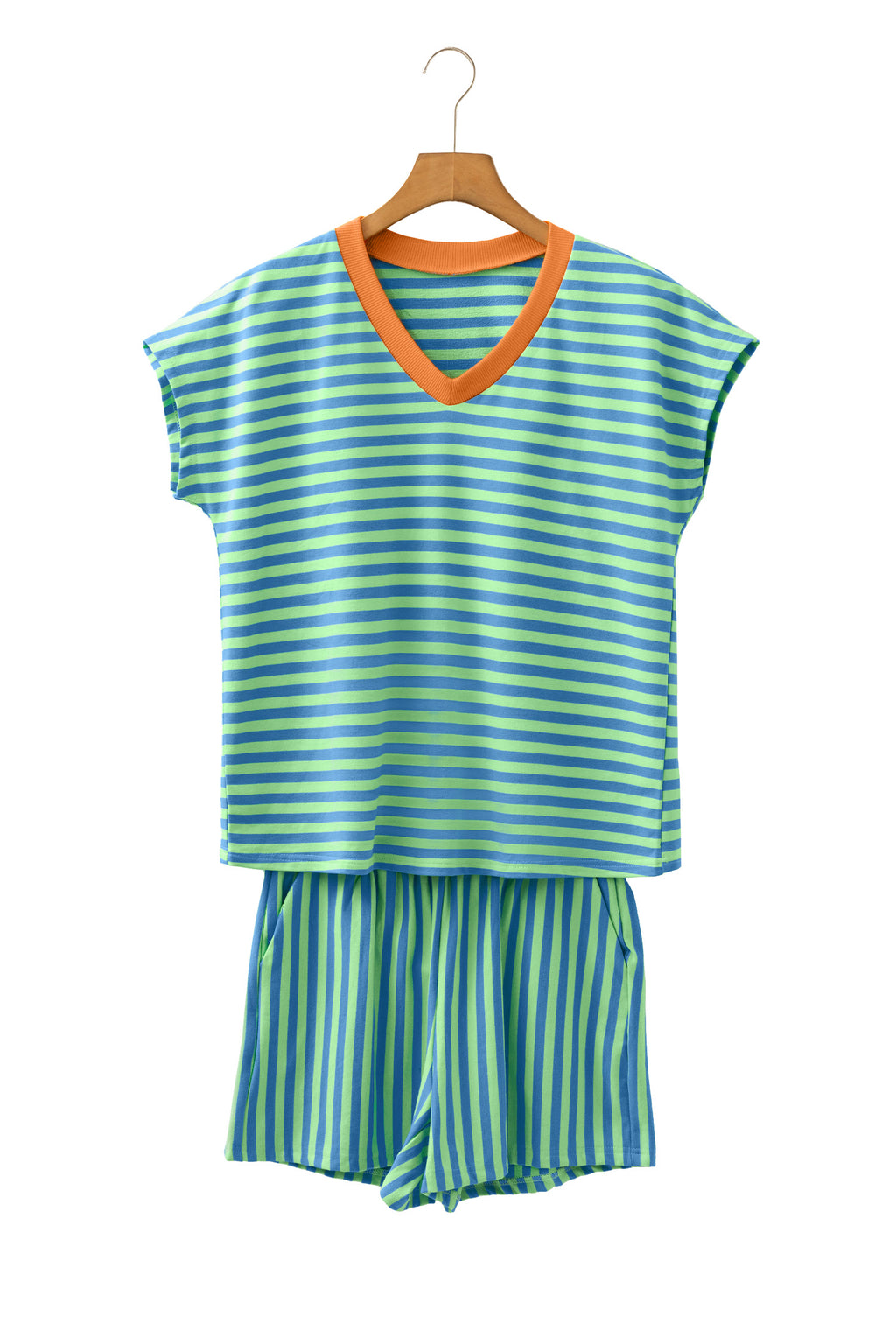 Stripe Colour Block V Neck Tee & Drawstring Shorts Set Pink Green Women S-XL