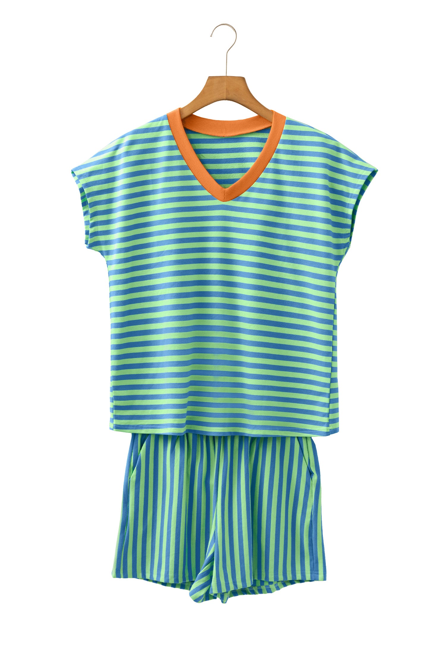 Stripe Colour Block V Neck Tee & Drawstring Shorts Set Pink Green Women S-XL