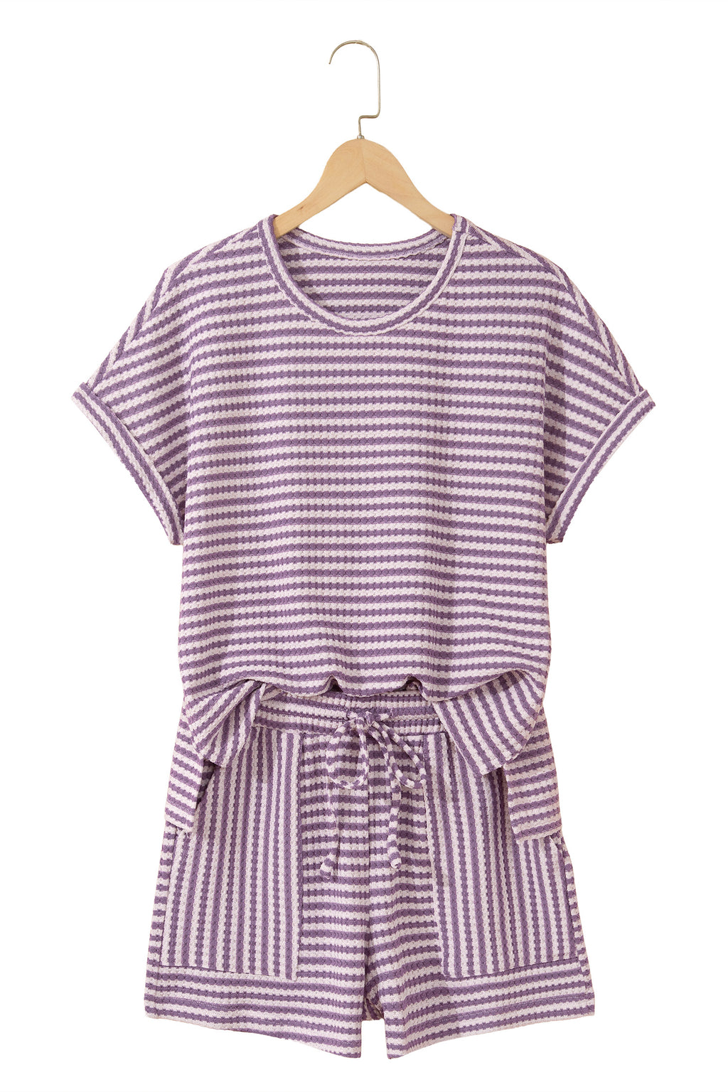 Stripe Textured Knit Top & Shorts Co-ord Set | Brown, Black & Purple | UK 8–18