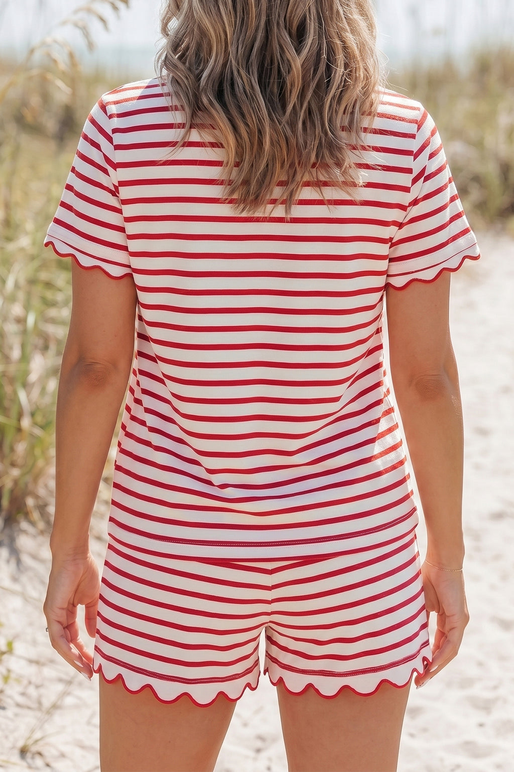 Red Stripe Scallop Trim Casual Top & Shorts Set | UK 8–16