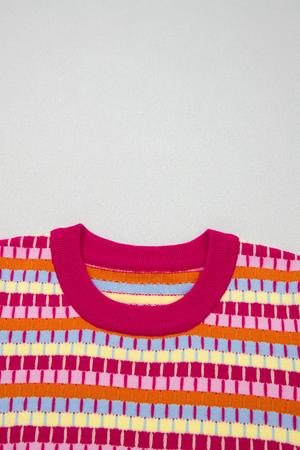 Women's Rose Red Abstract Stripe Knit Short Sleeve Sweater at LivelyLooks