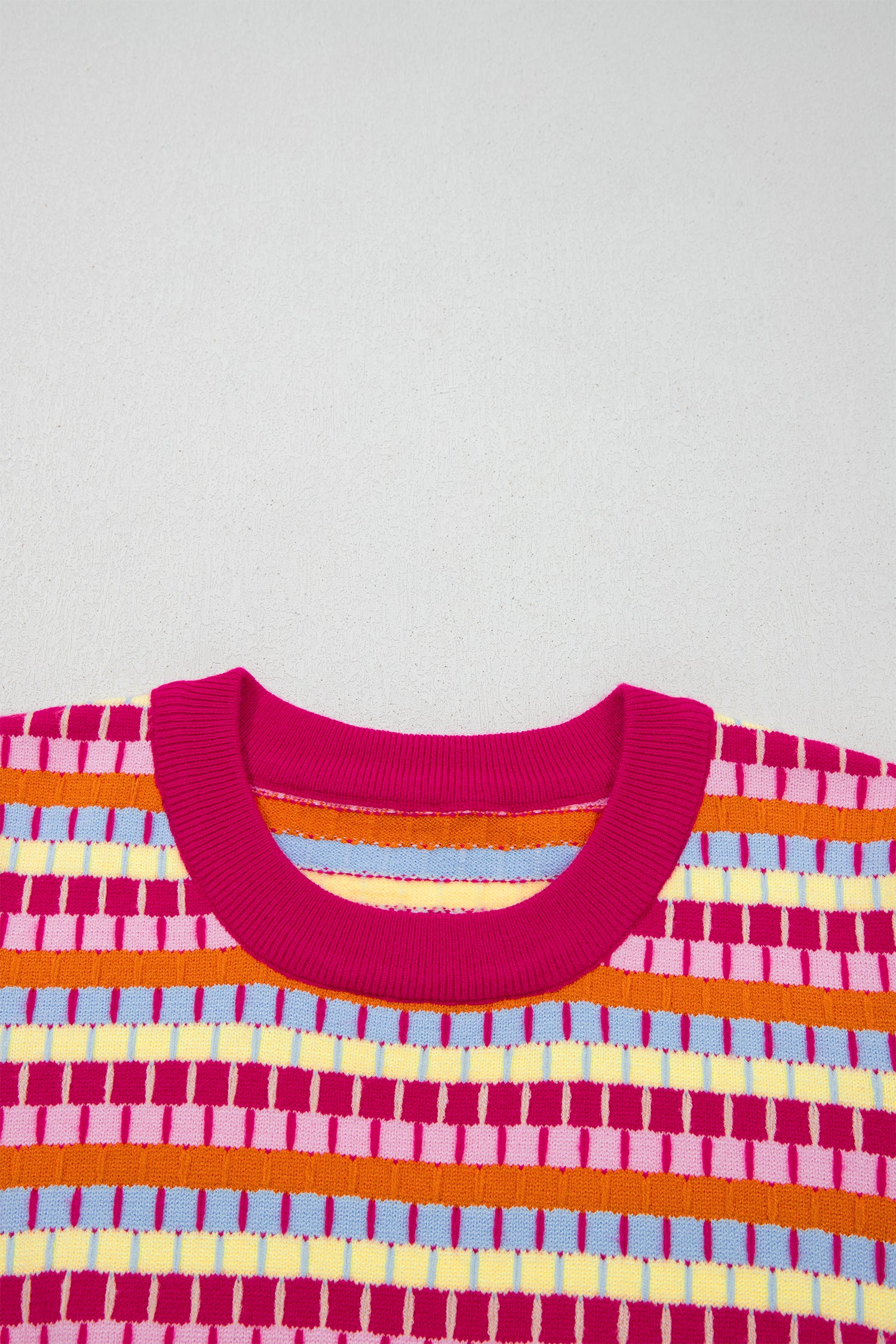Women's Rose Red Abstract Stripe Knit Short Sleeve Sweater at LivelyLooks