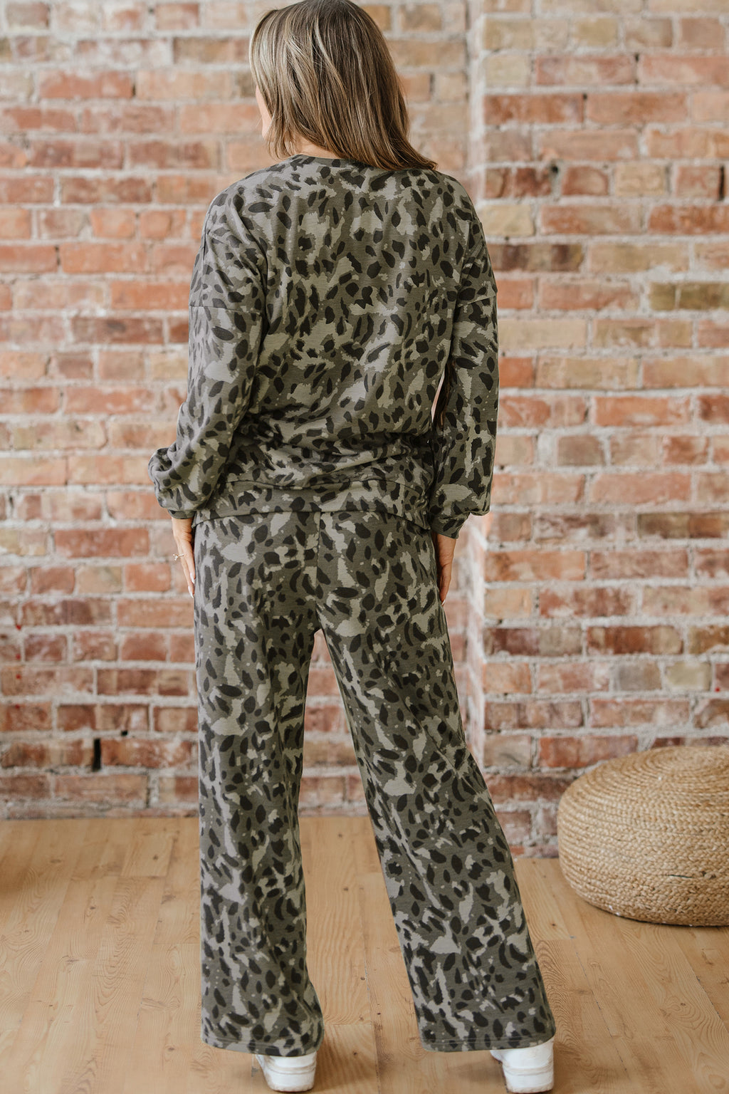 Leopard Print Raw Seam Pullover & Wide Leg Pant Set | Brown & Grey