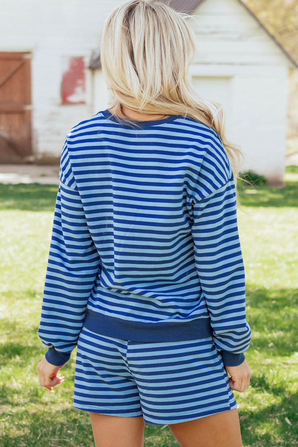 Blue Stripe Drop Shoulder Pullover & Elastic Waist Shorts Set