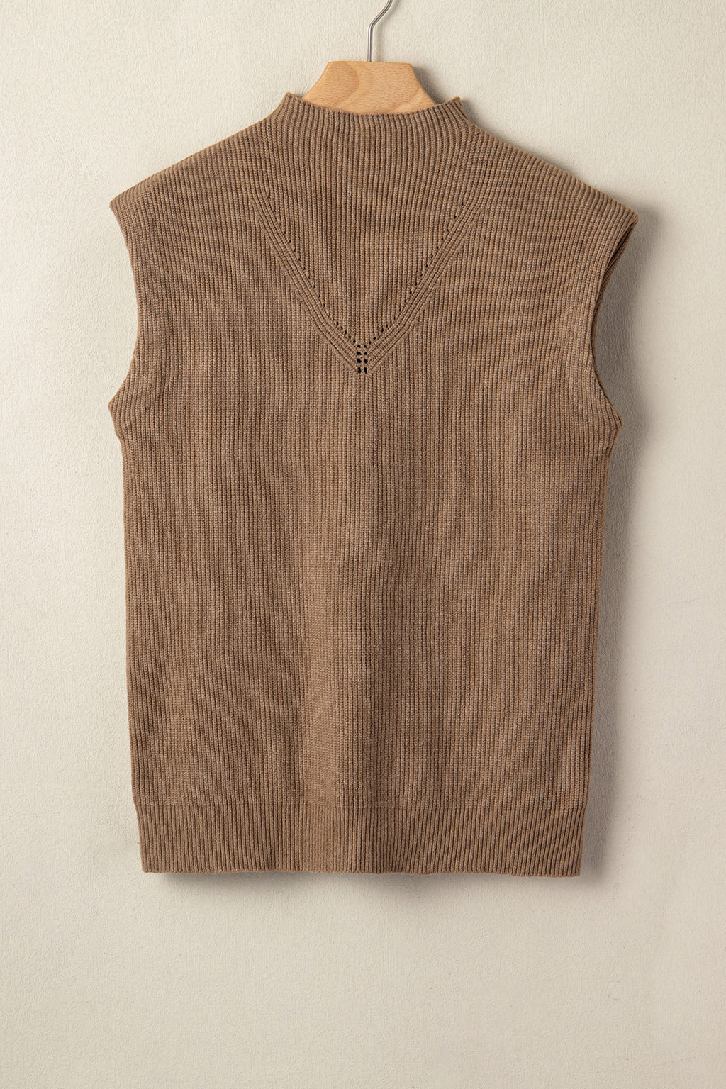 Women's Light French Beige Solid Color Ribbed Knit Mock Neck Loose Sleeveless Sweater at LivelyLooks