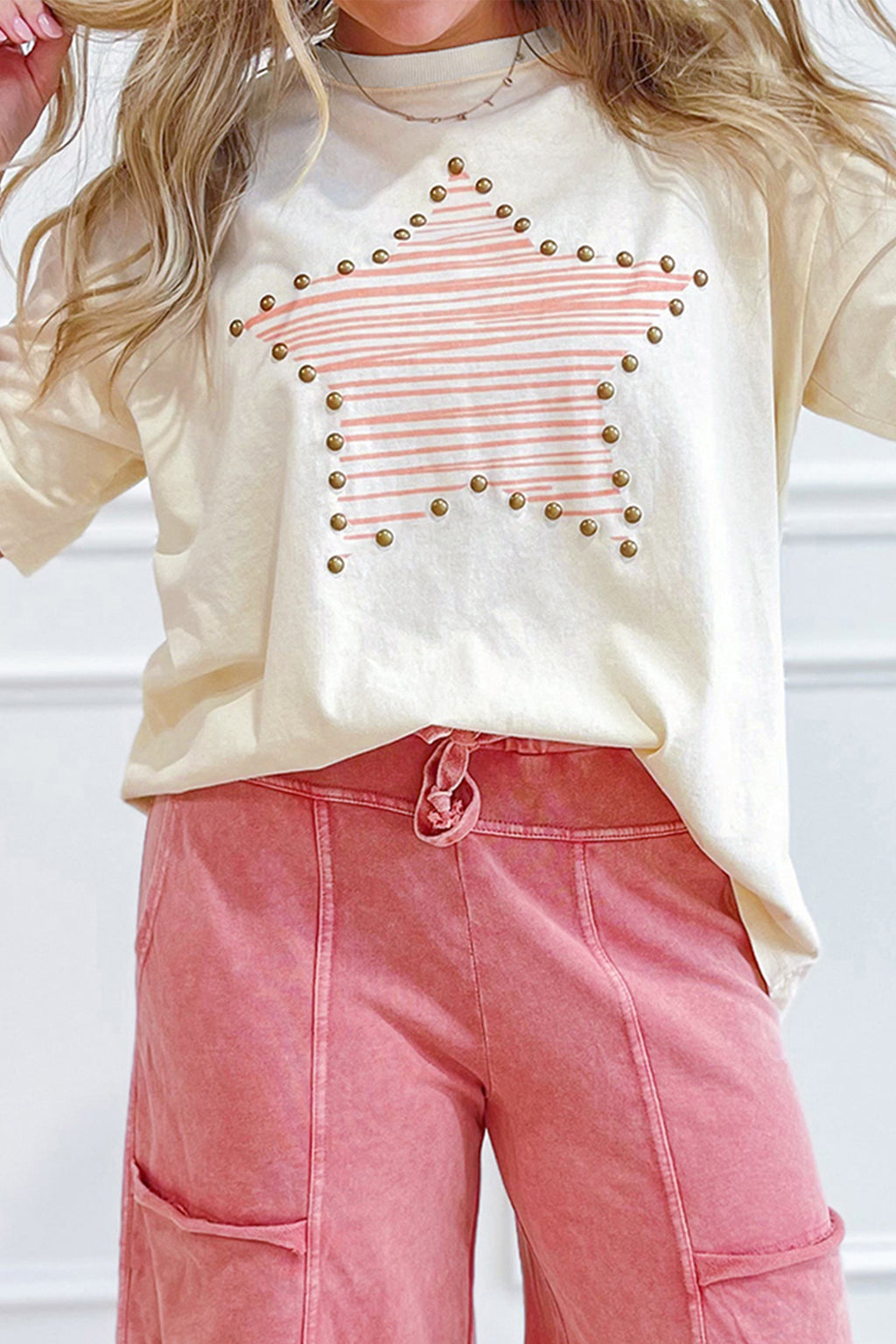 LivelyLooks Beige Star Print Stud Detail Cotton Jersey Top S-XL women's fashion