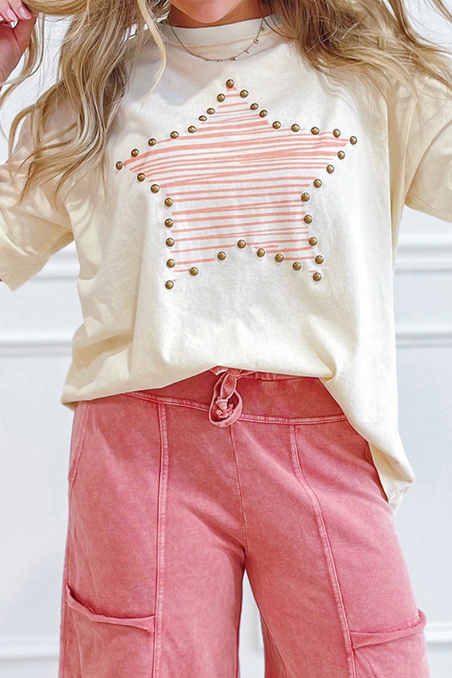 LivelyLooks Beige Star Print Stud Detail Cotton Jersey Top S-XL women's fashion