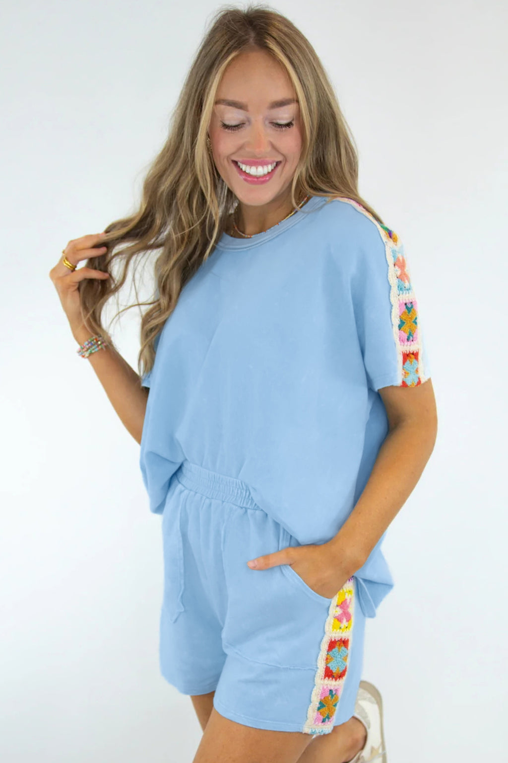 Mist Blue Granny Square Crochet Detail Top & Shorts 2pcs Set
