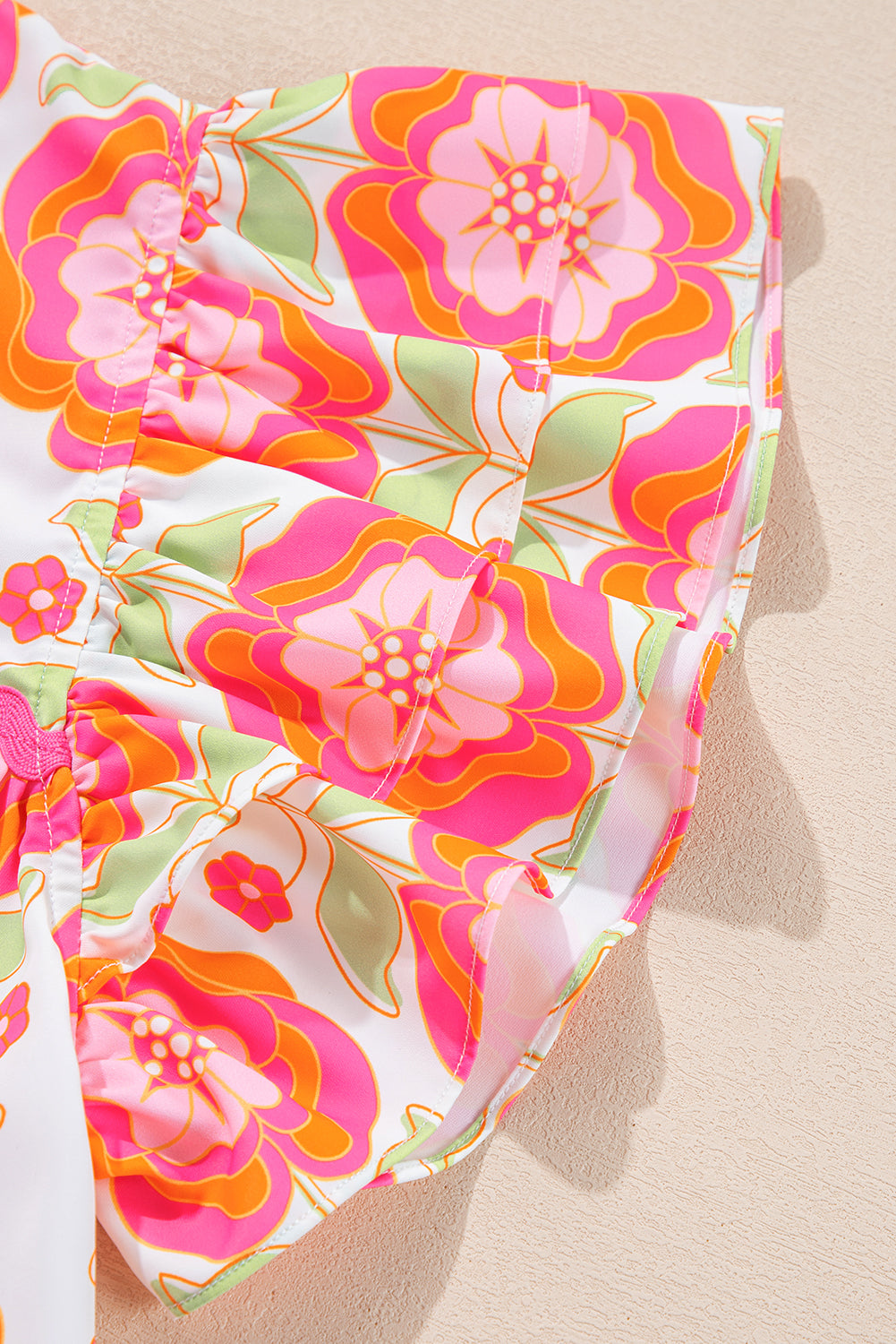 Shop Pink Floral Ruffled Sleeve Ric-rac Trim Split Neck Loose Blouse Summer Holiday Top at LivelyLooks