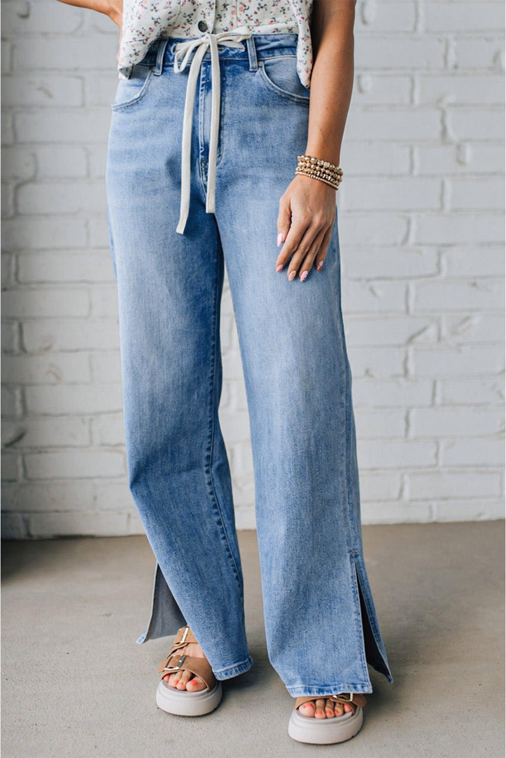 Shop Myosotis Slit Leg High Rise Drawstring Casual Jeans at LivelyLooks