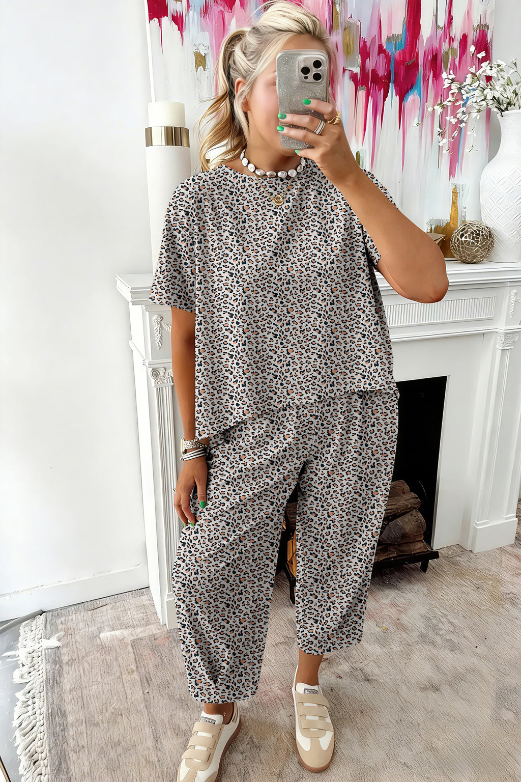 Leopard High-Low Loose Tee & Ankle Length Pants Set | Brown & White | UK 8–22
