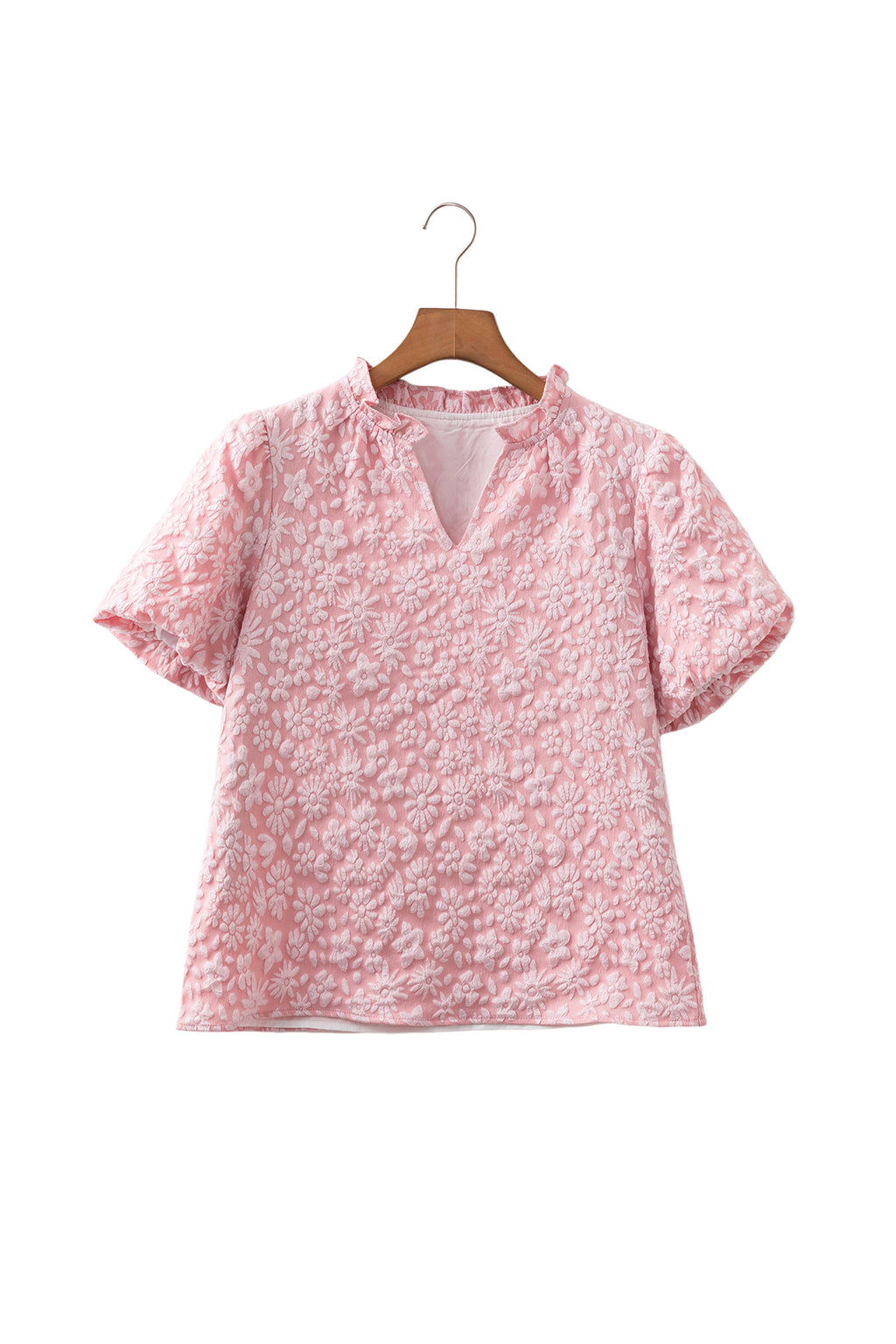 Floral Textured Jacquard Puff Sleeve Blouse Iceland Blue Beige Apricot Pink S-XL