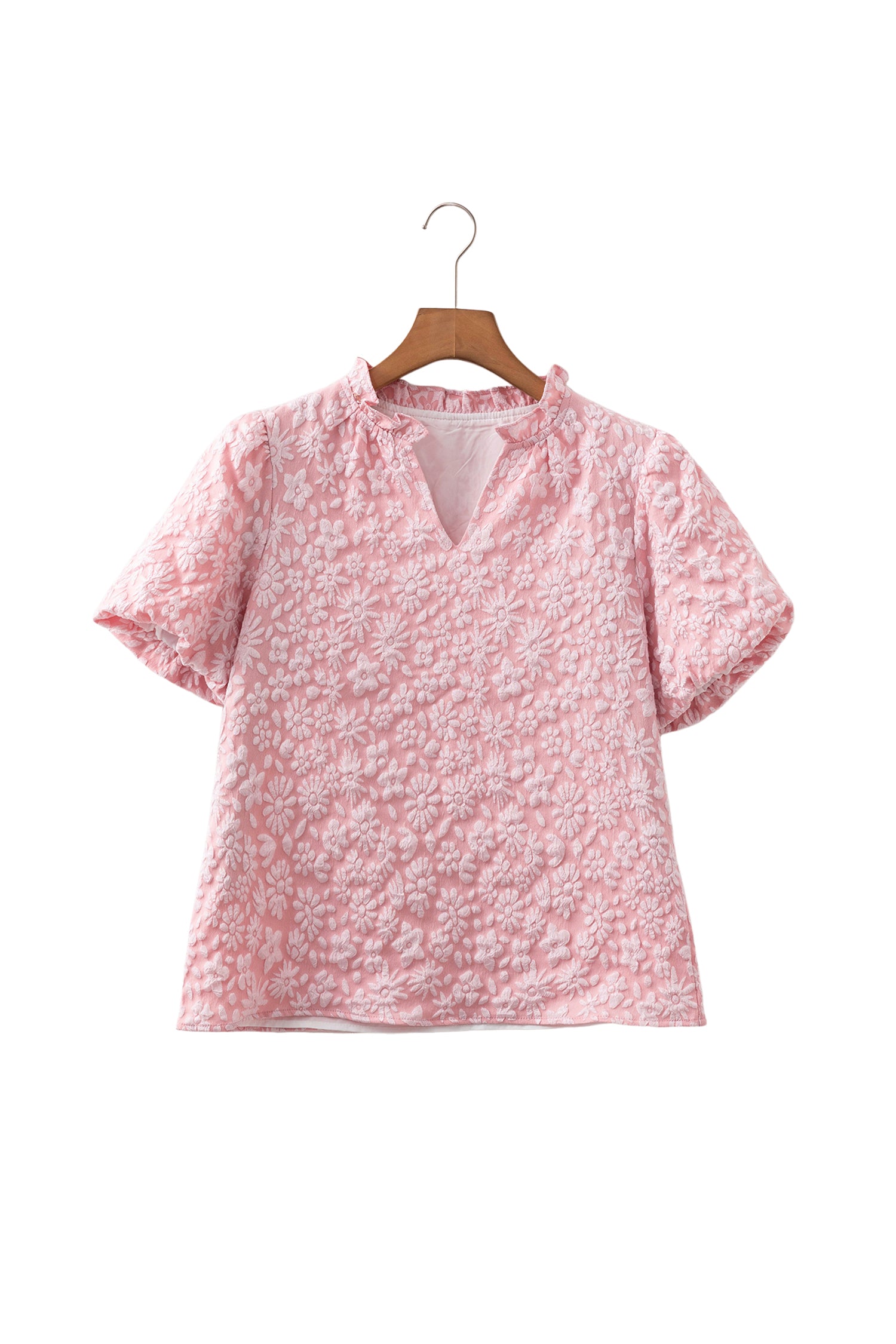 Floral Textured Jacquard Puff Sleeve Blouse Iceland Blue Beige Apricot Pink S-XL
